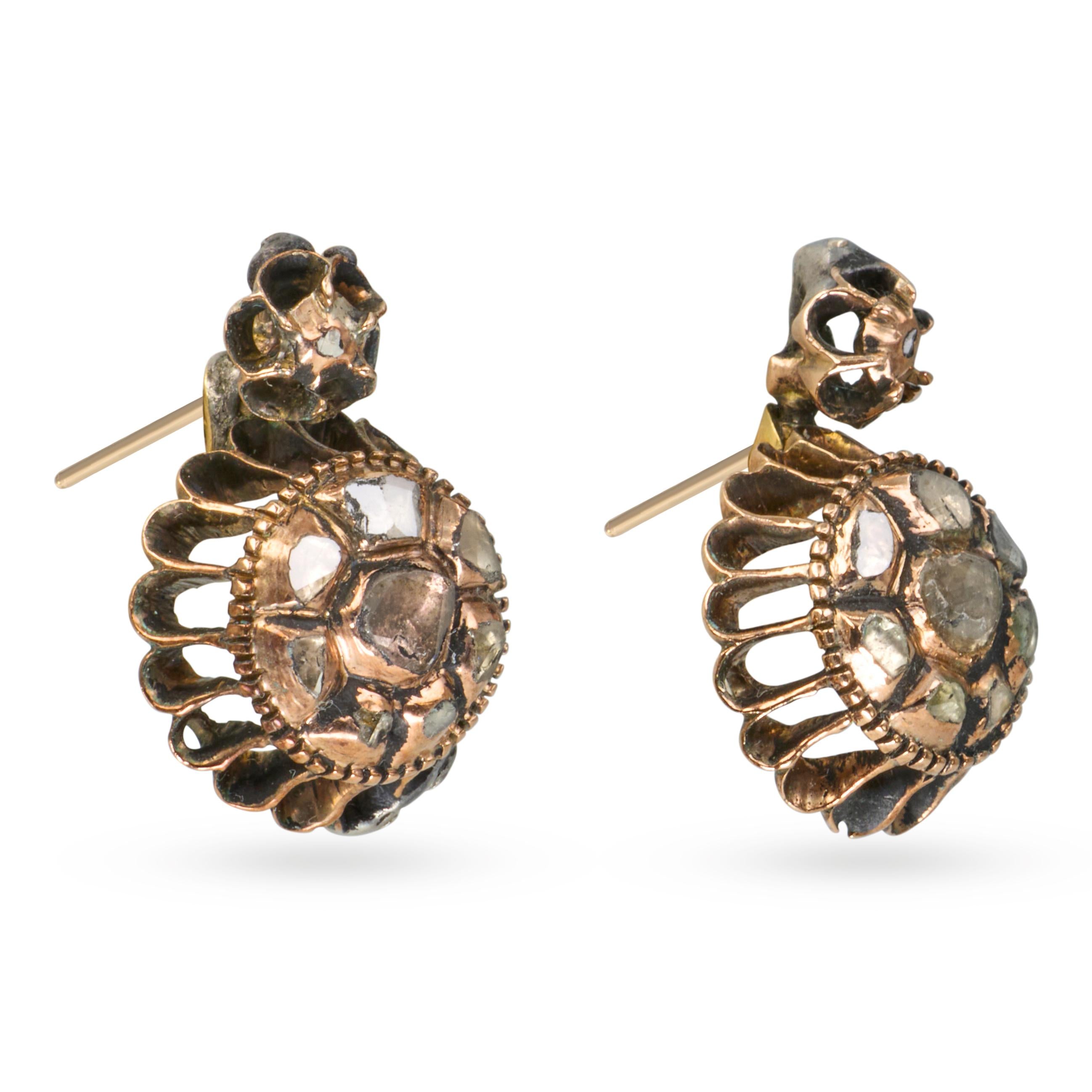 Antique 10k Yellow Gold and Silver Polki Cut Diamond Earrings