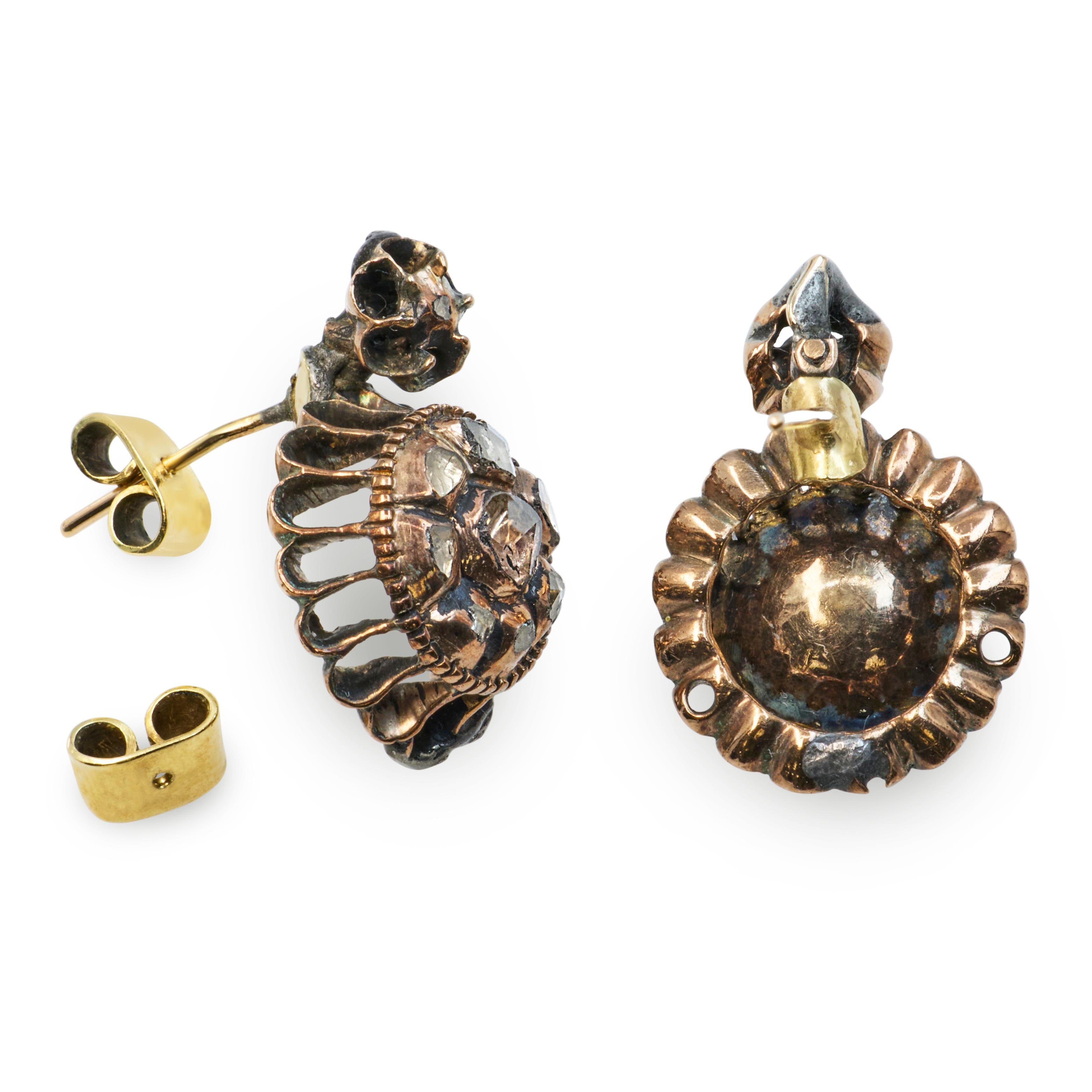 Antique 10k Yellow Gold and Silver Polki Cut Diamond Earrings