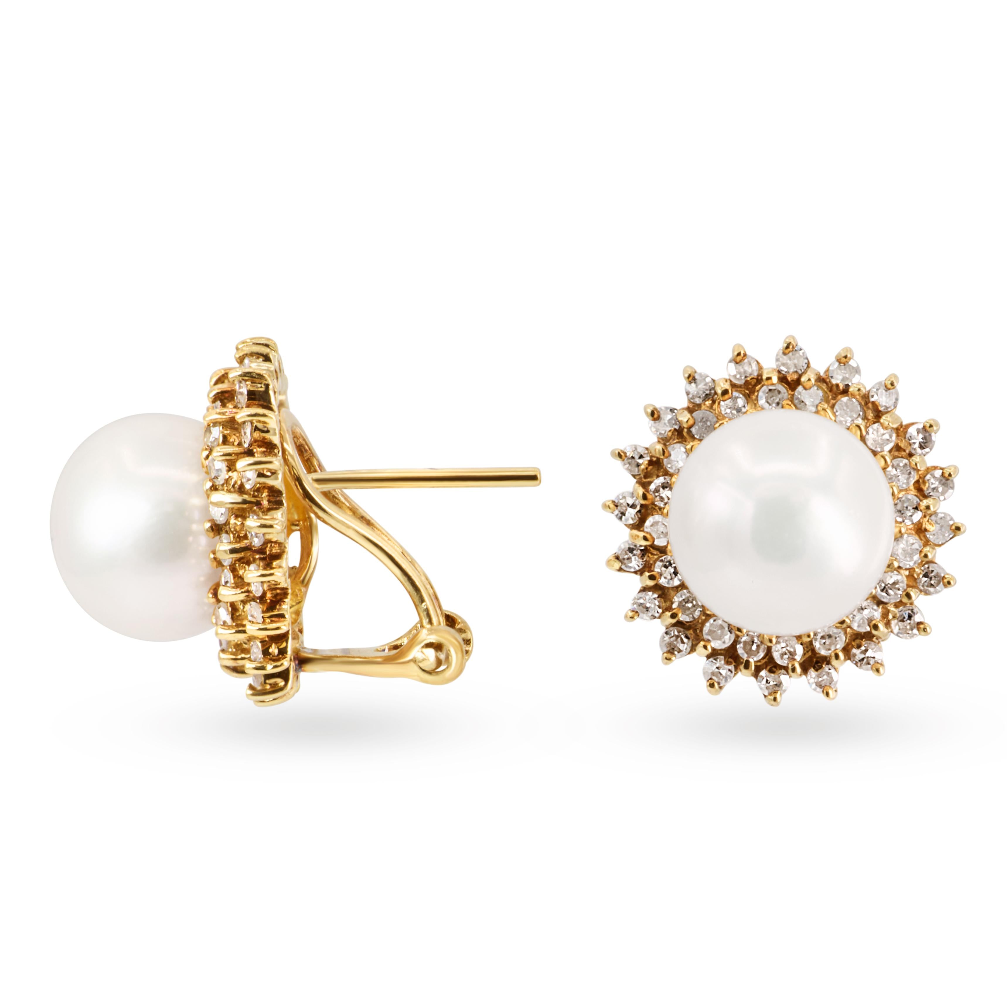 Vintage 14k Yellow Gold Pearl And Diamond Halo Earrings