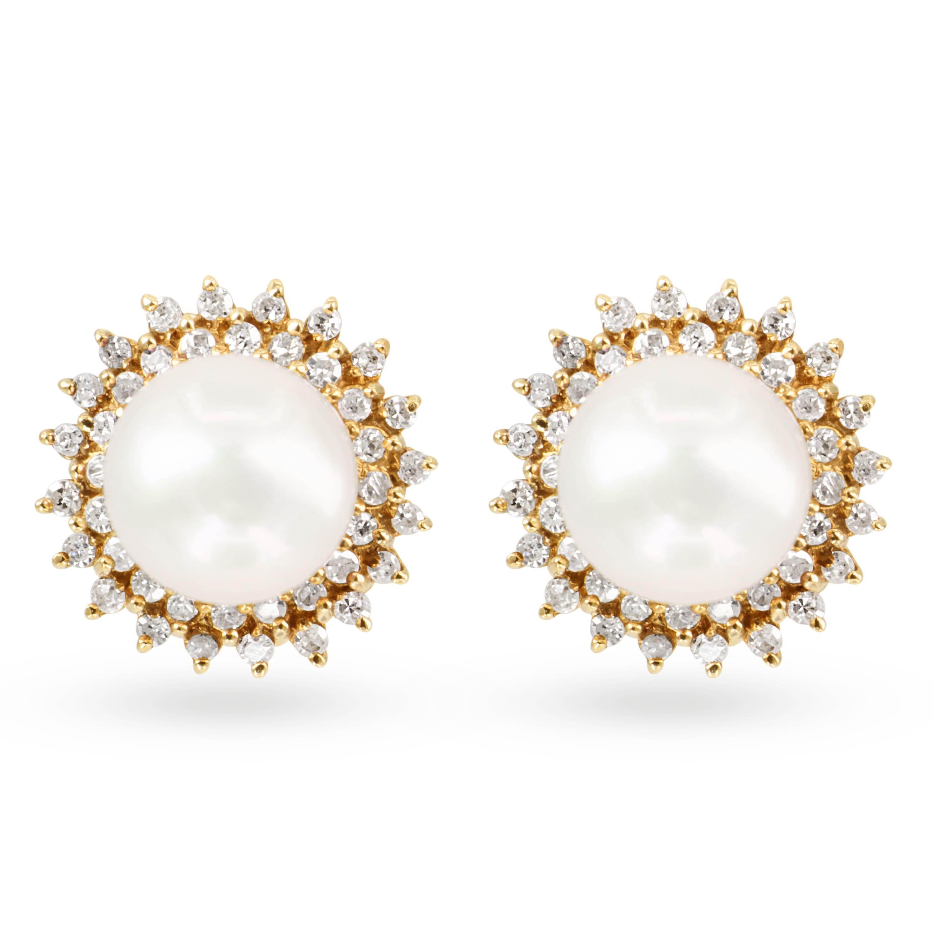 Vintage 14k Yellow Gold Pearl And Diamond Halo Earrings