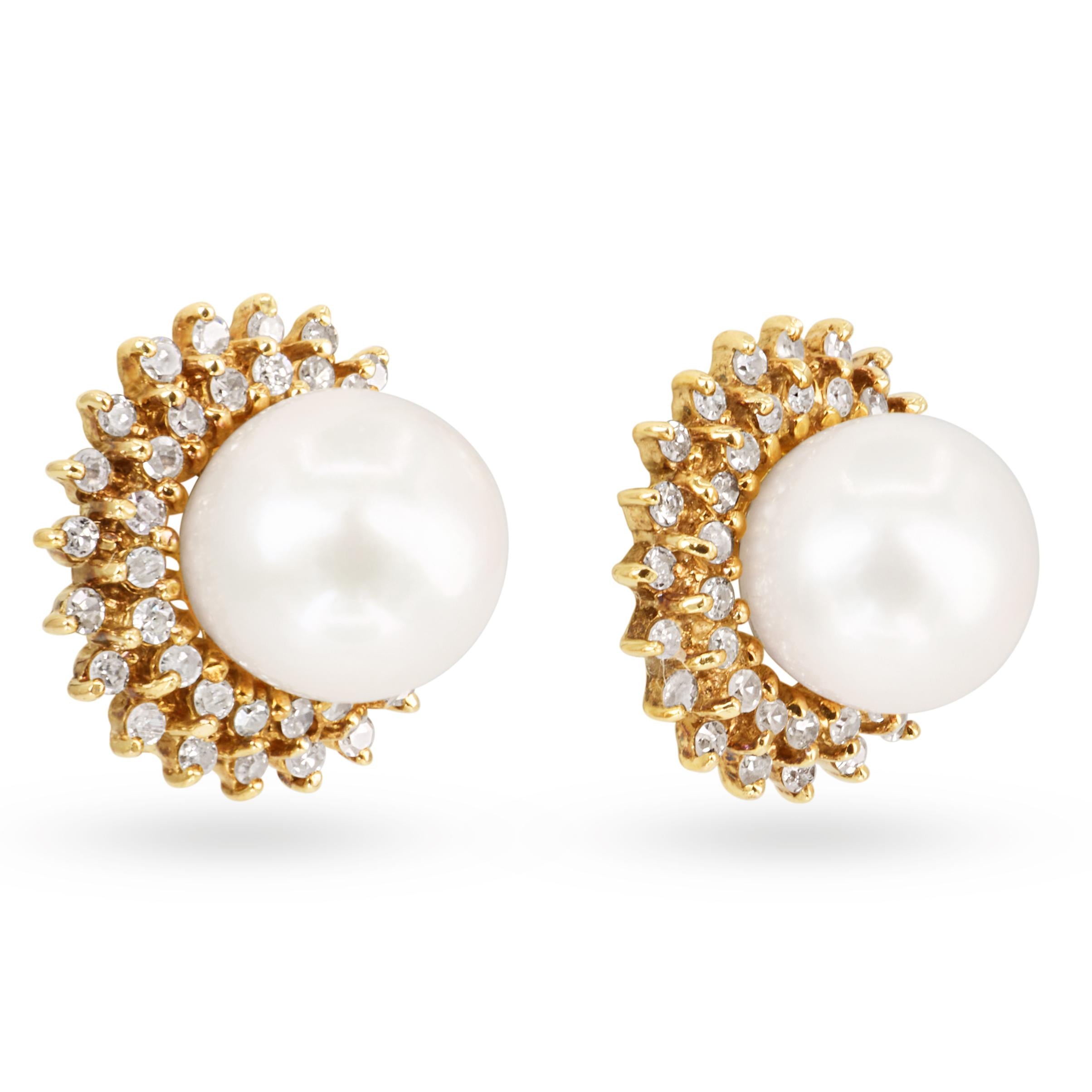Vintage 14k Yellow Gold Pearl And Diamond Halo Earrings