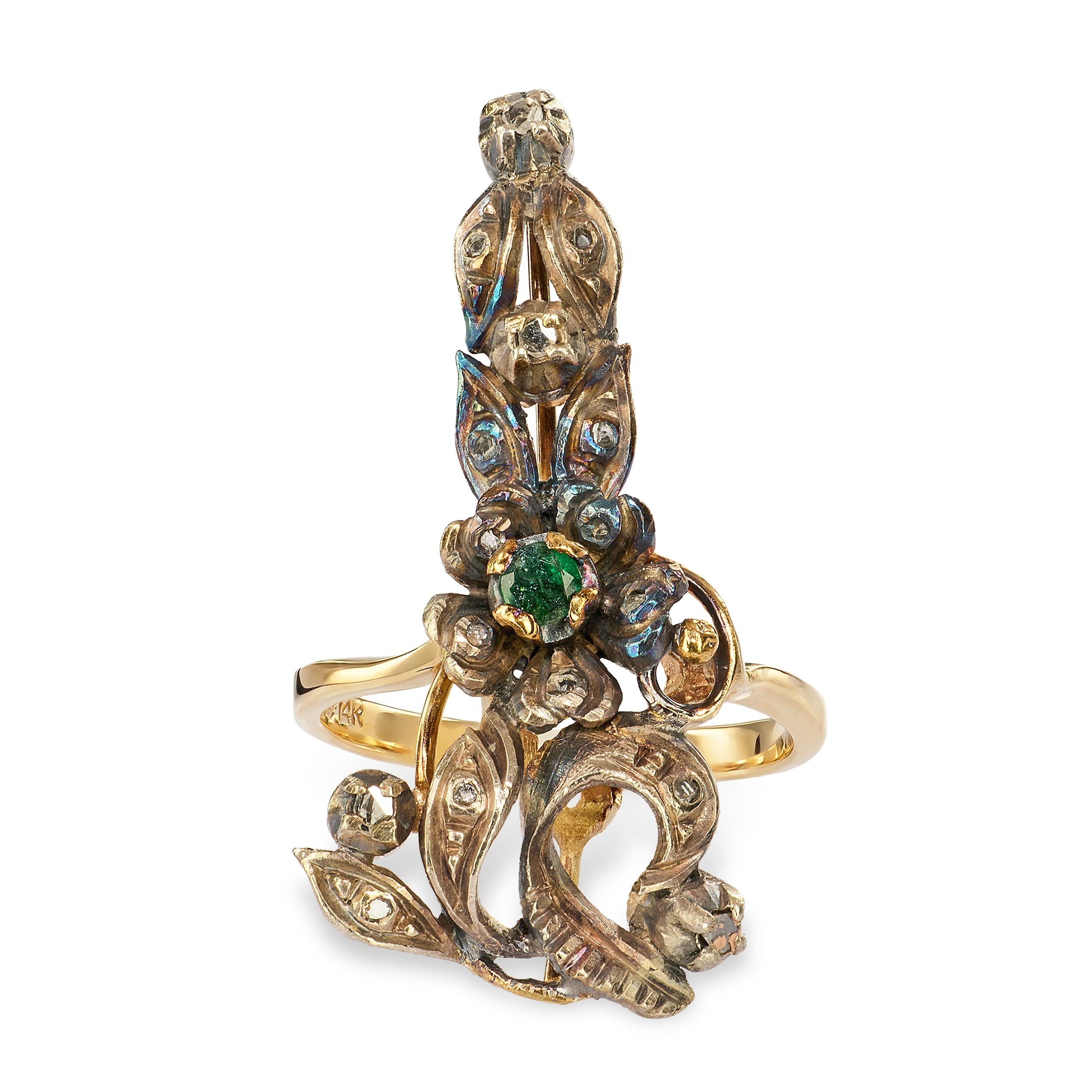 Antique Sterling Silver and 14k Yellow Gold Diamond and Emerald Foliage Ring