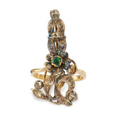 Antique Sterling Silver and 14k Yellow Gold Diamond and Emerald Foliage Ring