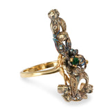 Antique Sterling Silver and 14k Yellow Gold Diamond and Emerald Foliage Ring