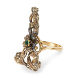 Antique Sterling Silver and 14k Yellow Gold Diamond and Emerald Foliage Ring