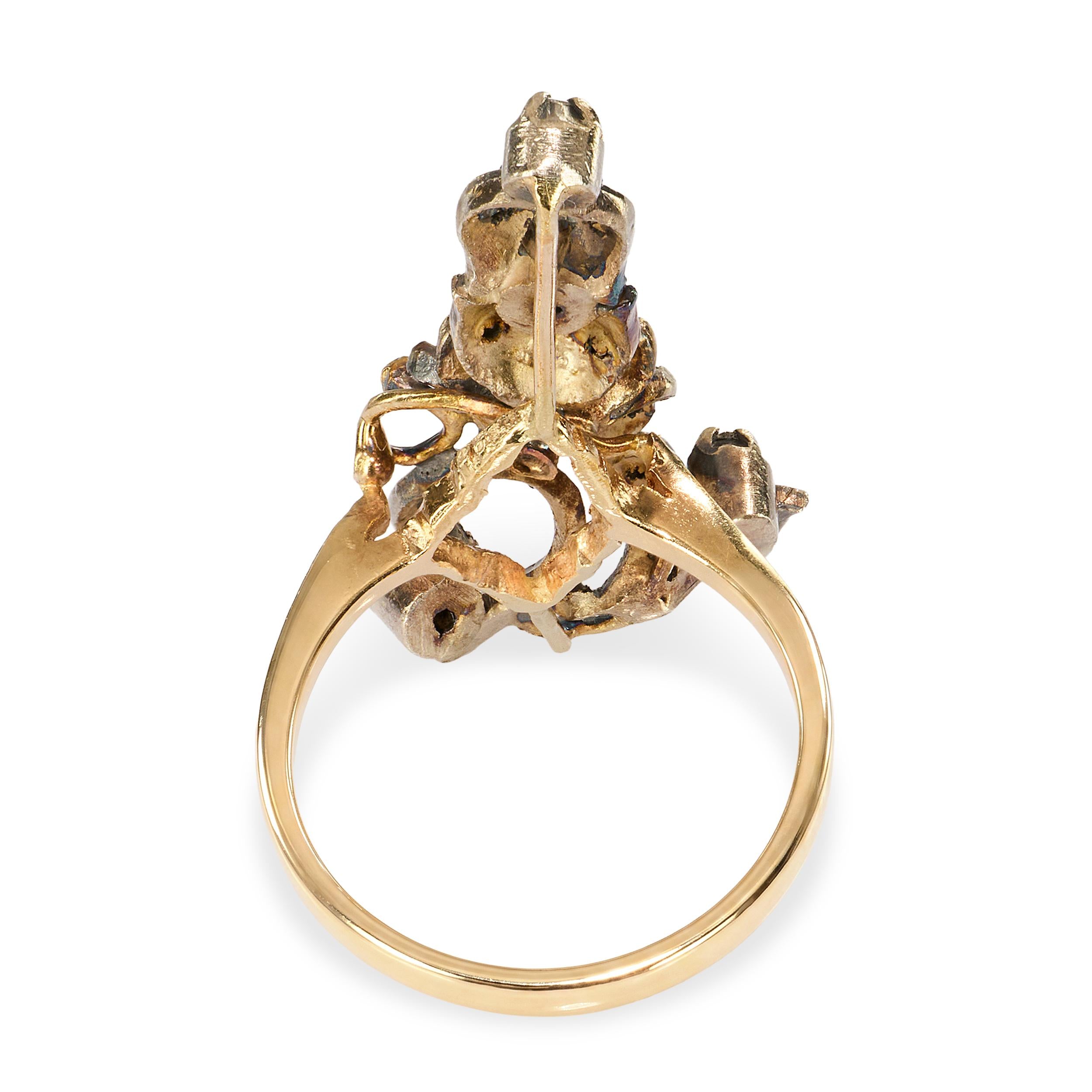 Antique Sterling Silver and 14k Yellow Gold Diamond and Emerald Foliage Ring