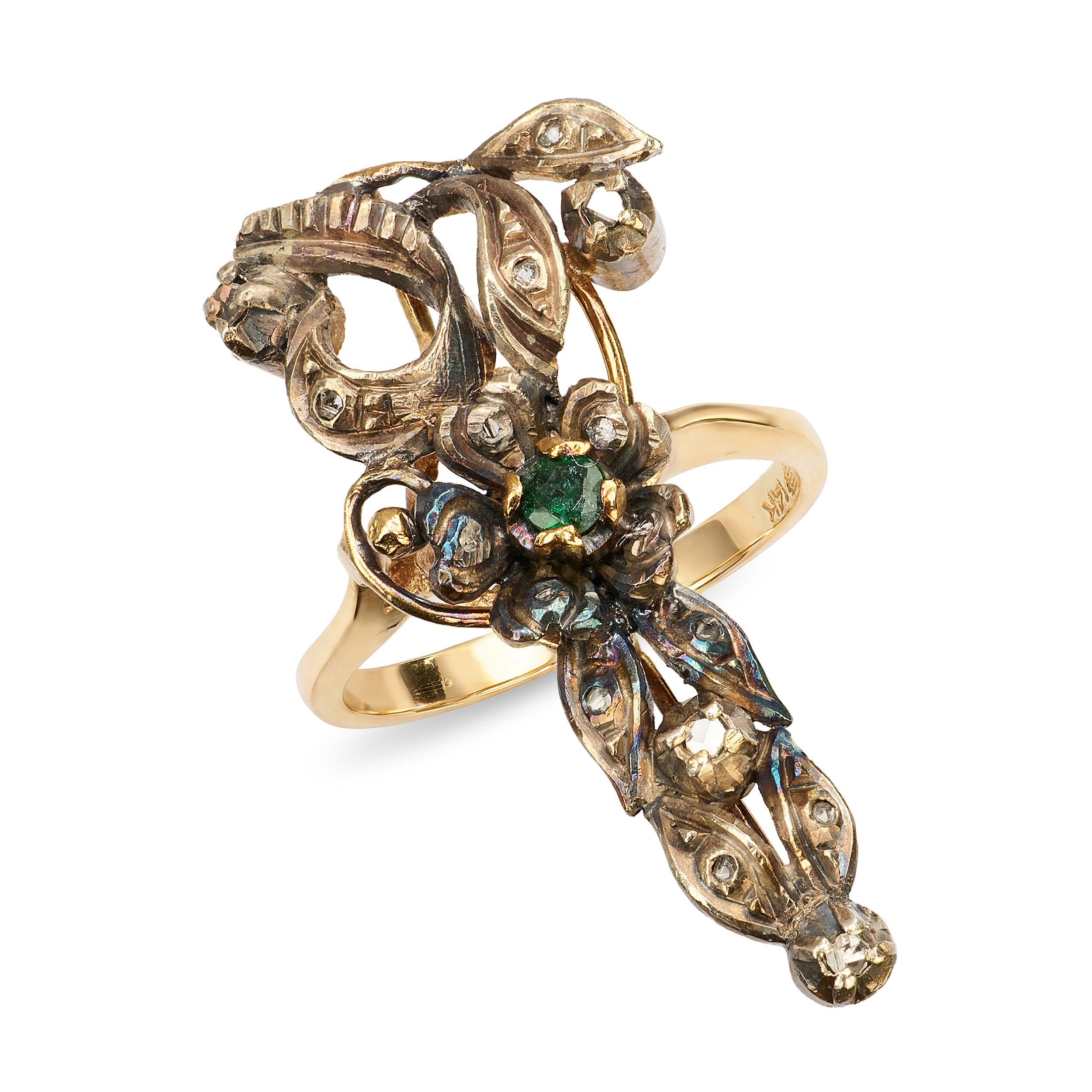 Antique Sterling Silver and 14k Yellow Gold Diamond and Emerald Foliage Ring
