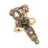 Antique Sterling Silver and 14k Yellow Gold Diamond and Emerald Foliage Ring
