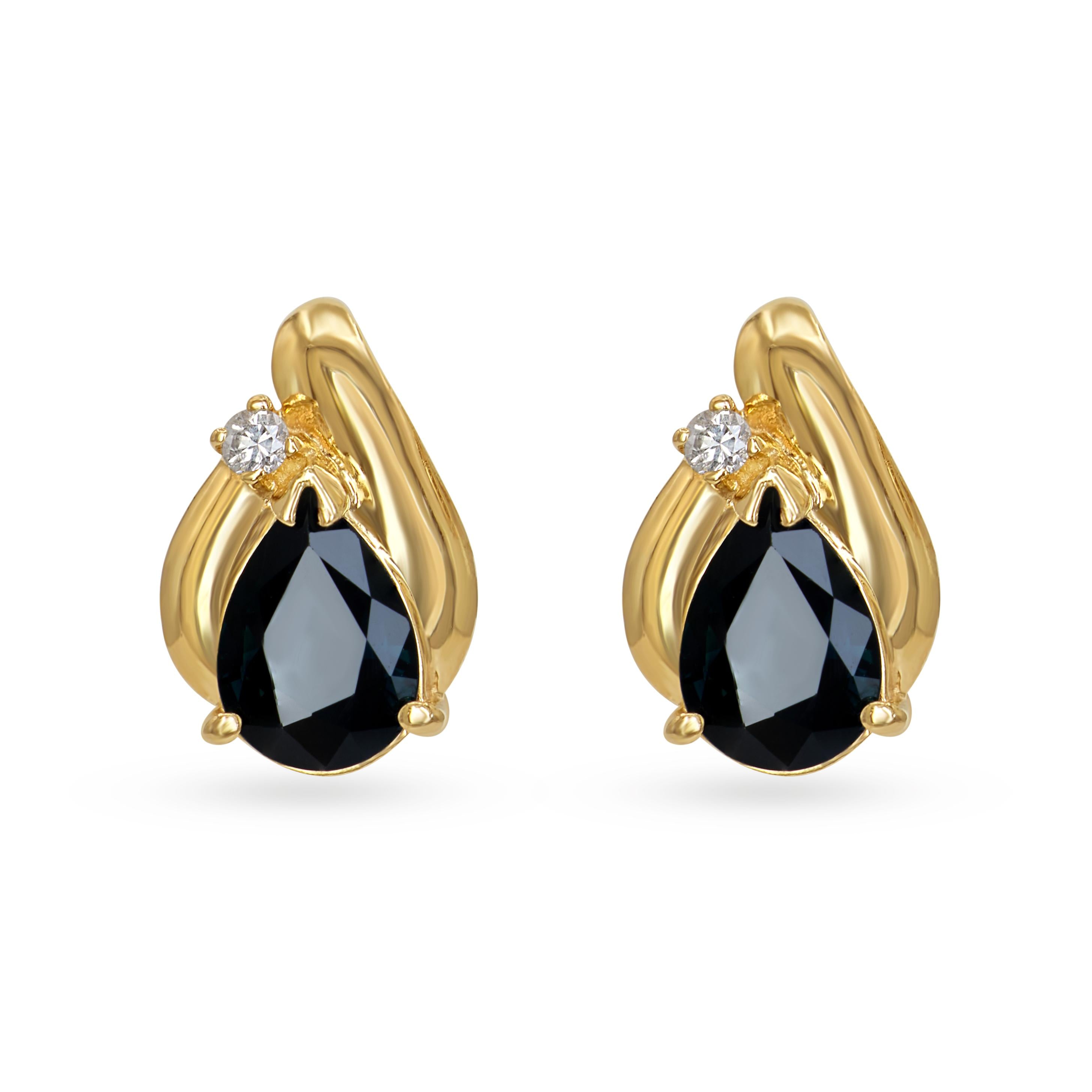 Vintage 14k Yellow Gold Blue 2.24ctw Sapphire & Diamond Stud Earrings