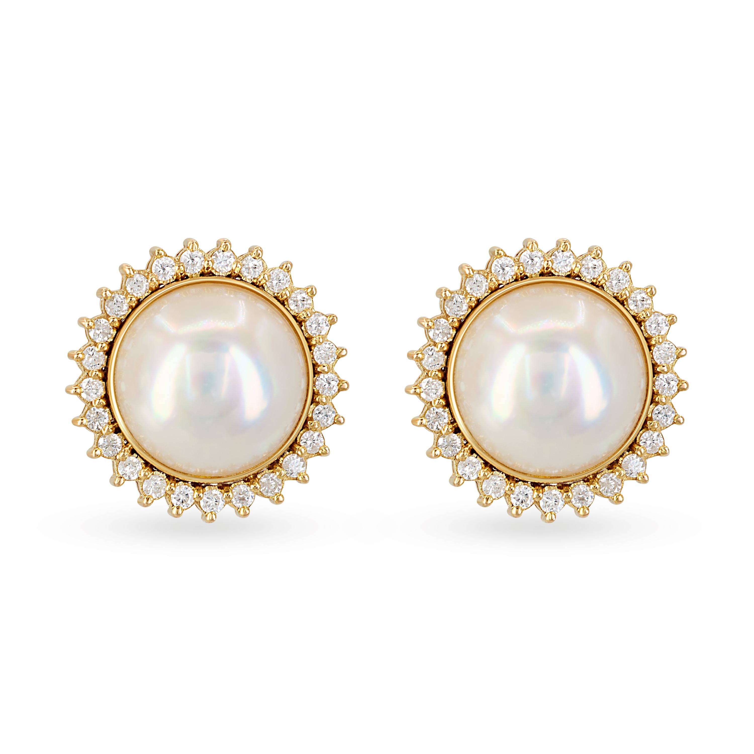 Vintage 14k Yellow Gold Mabe Pearl and Diamond Stud Earrings