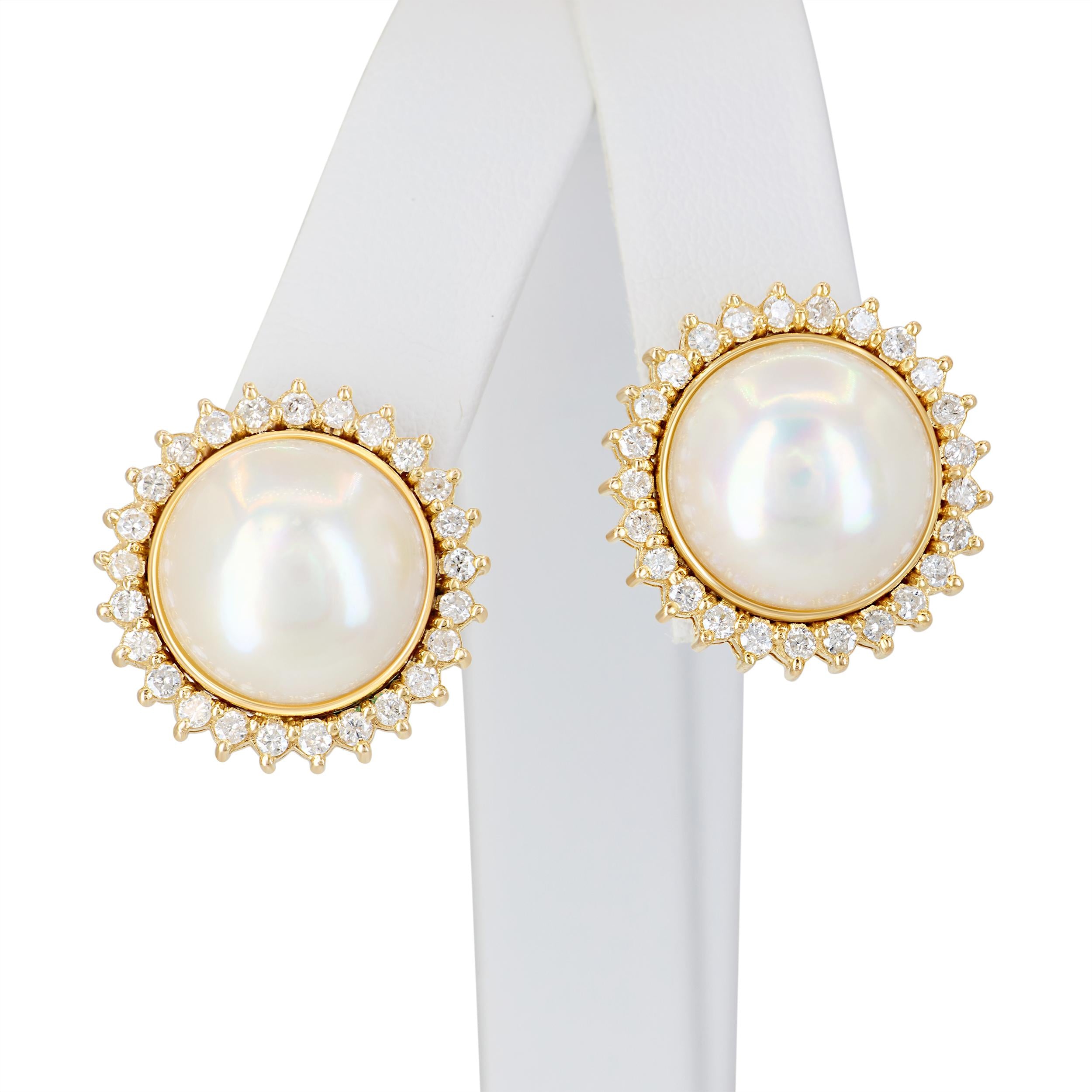Vintage 14k Yellow Gold Mabe Pearl and Diamond Stud Earrings