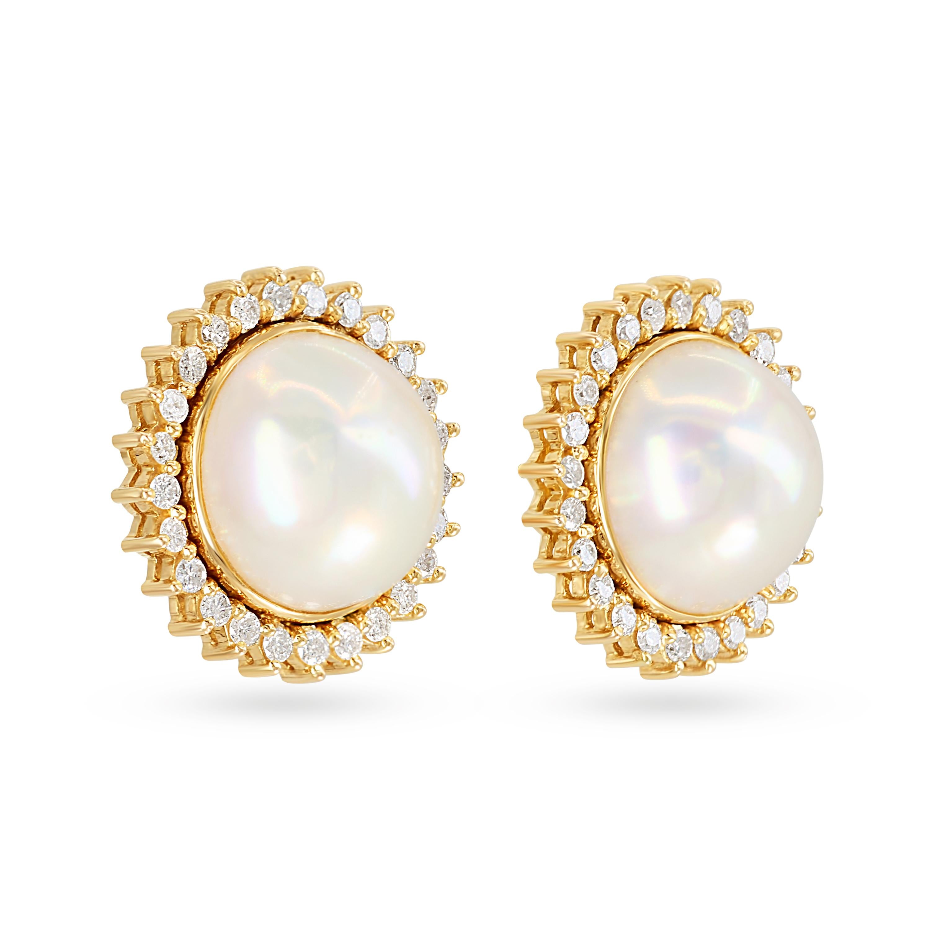 Vintage 14k Yellow Gold Mabe Pearl and Diamond Stud Earrings
