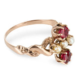 Antique 14k Pink Gold Red Paste and Seed Pearl Ring