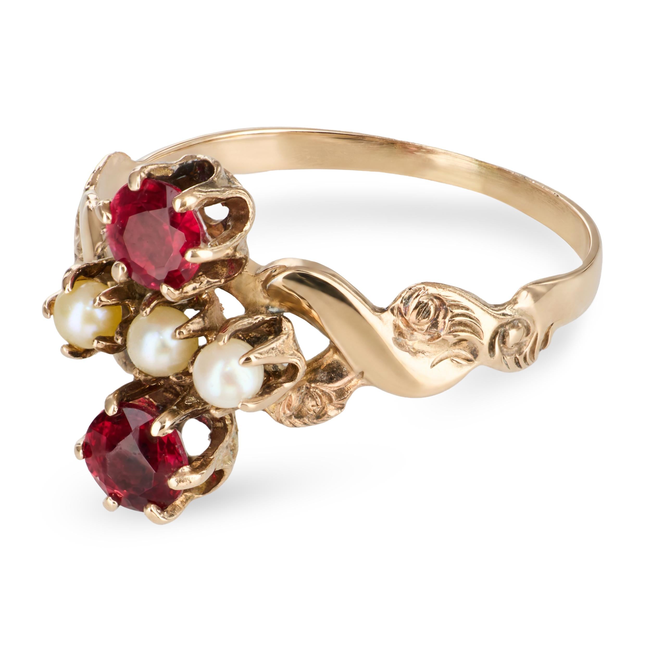 Antique 14k Pink Gold Red Paste and Seed Pearl Ring