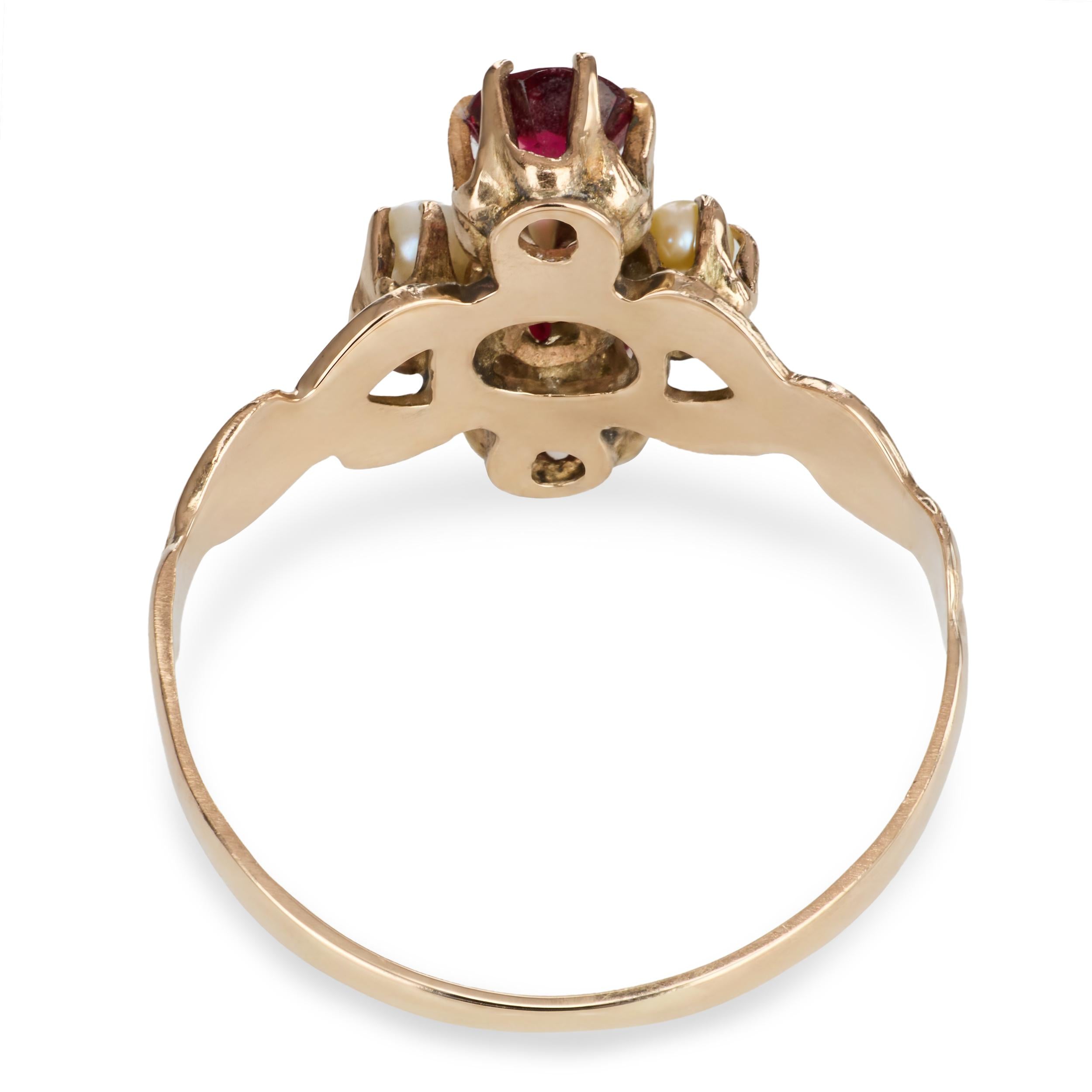 Antique 14k Pink Gold Red Paste and Seed Pearl Ring