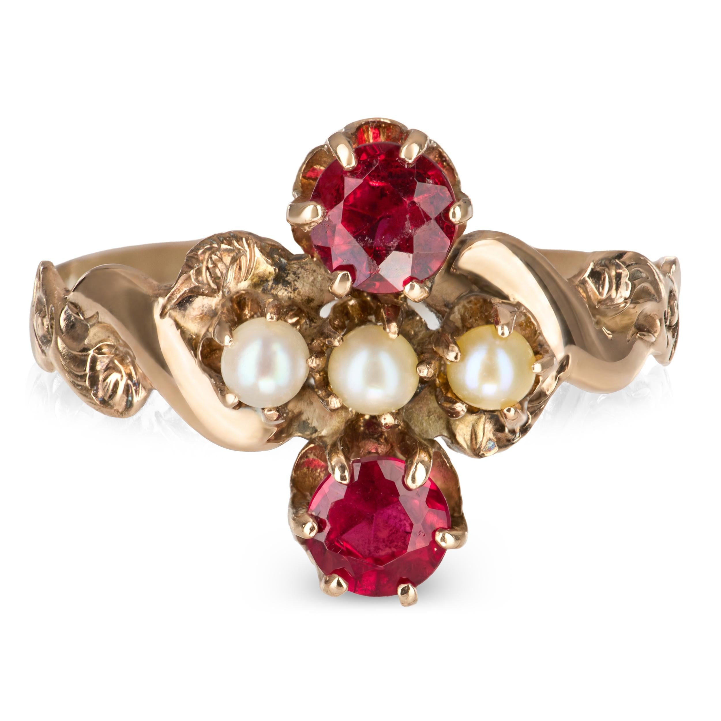 Antique 14k Pink Gold Red Paste and Seed Pearl Ring