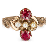 Antique 14k Pink Gold Red Paste and Seed Pearl Ring