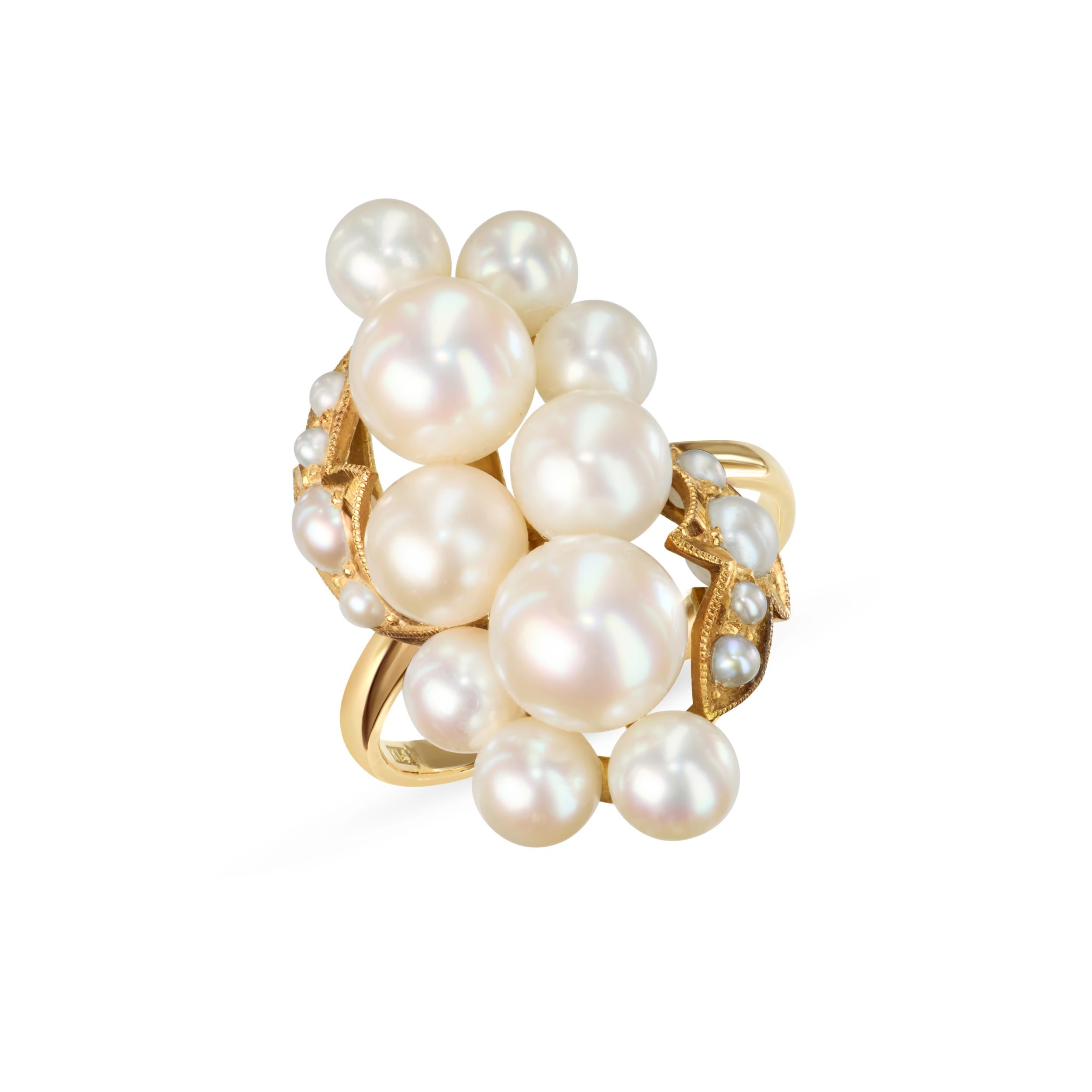 Vintage 14k Yellow Gold Pearl Cluster Ring