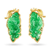 Vintage 18k Yellow Gold Imperial Jade Carved Floral Earrings
