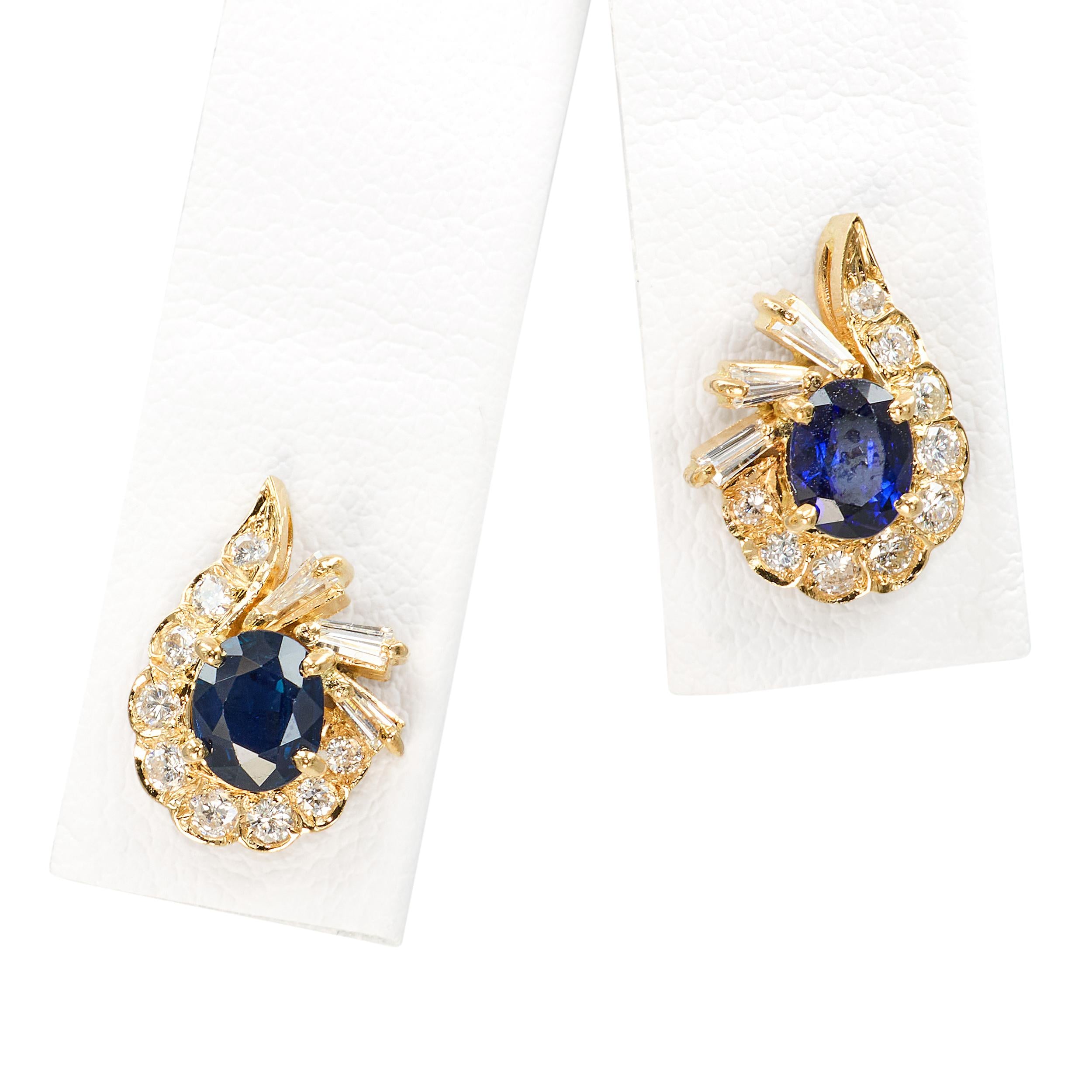 Vintage 18k Yellow Gold Sapphire And Diamond Earrings