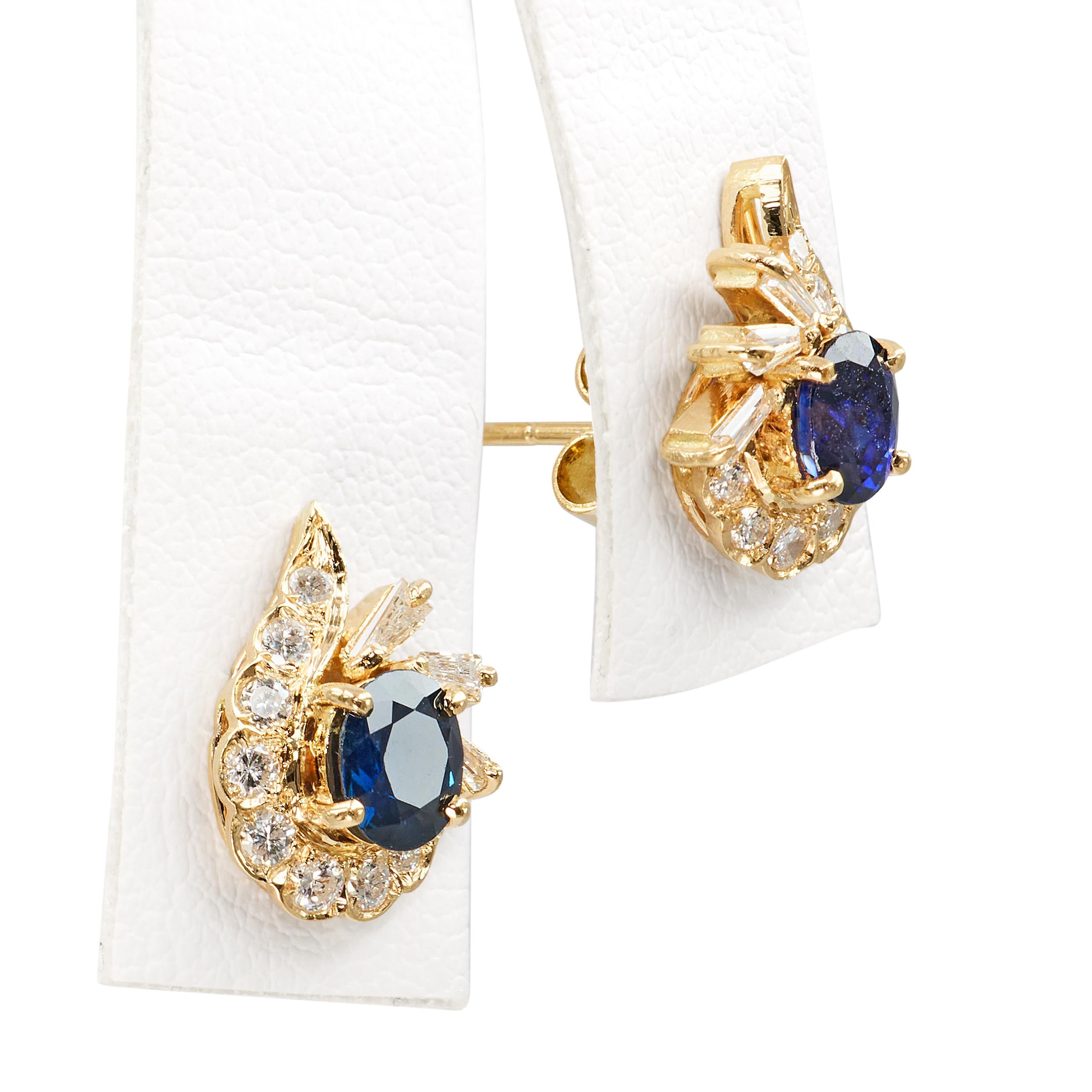 Vintage 18k Yellow Gold Sapphire And Diamond Earrings