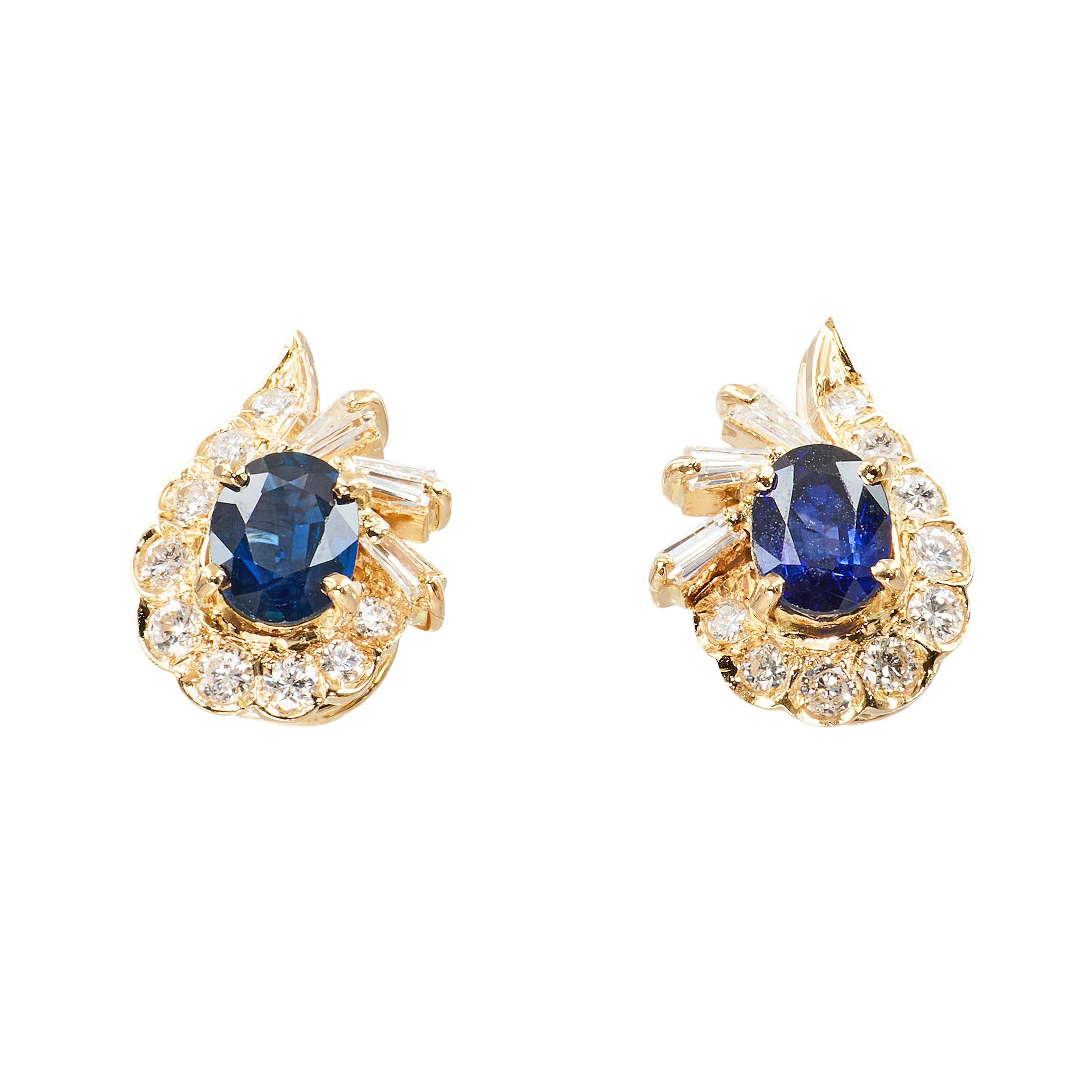 Vintage 18k Yellow Gold Sapphire And Diamond Earrings