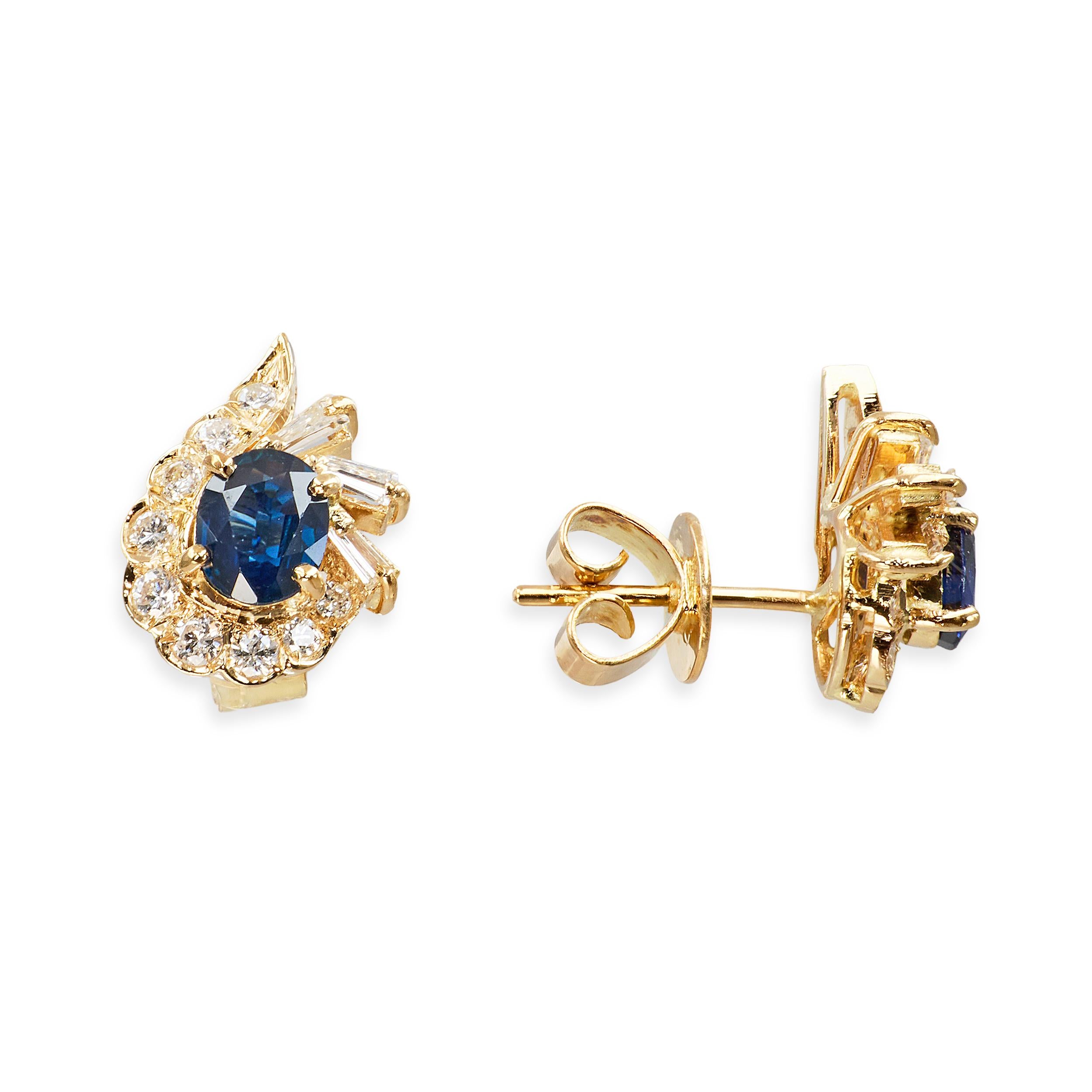 Vintage 18k Yellow Gold Sapphire And Diamond Earrings