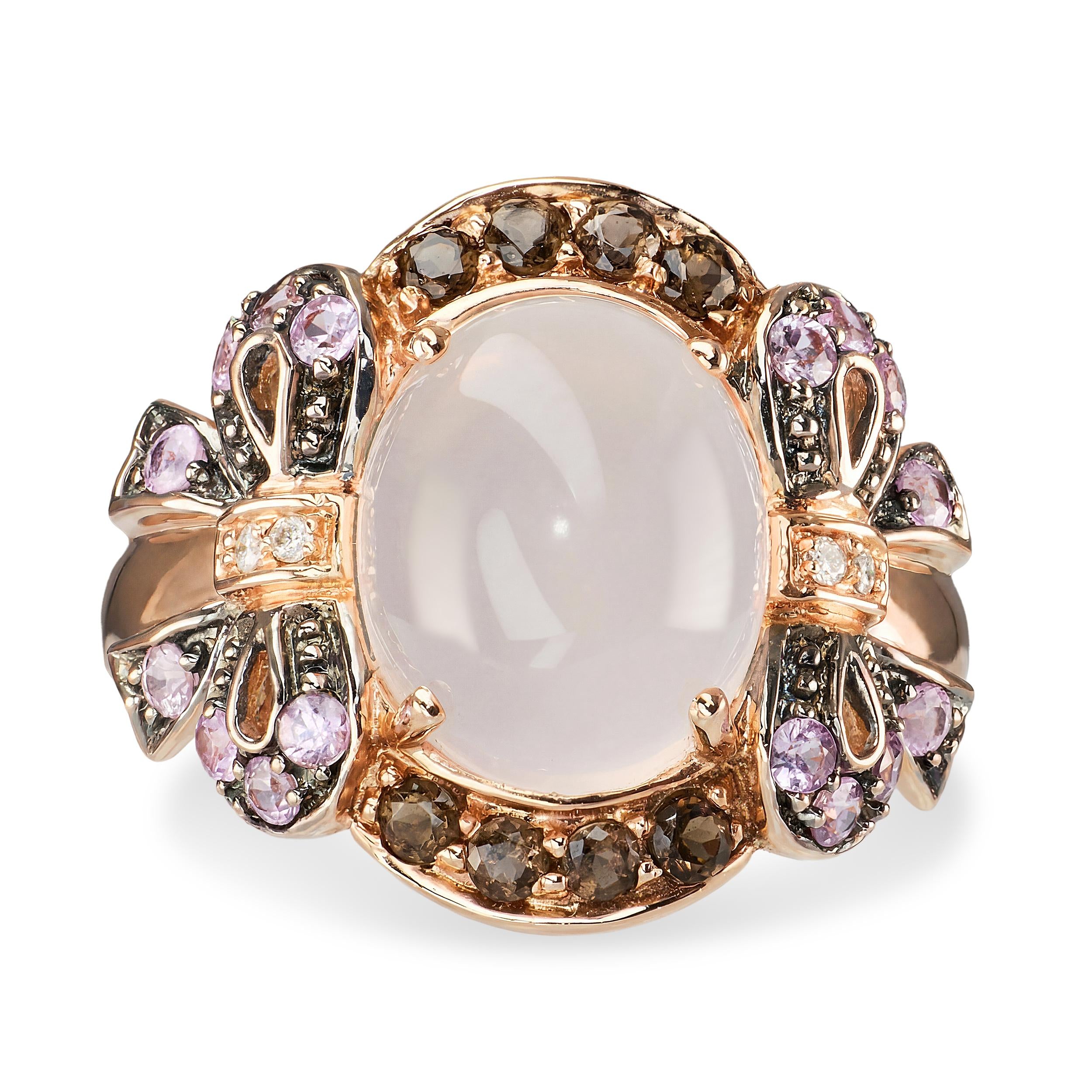 14k Rose Gold Pink Sapphire, Smoky Quartz, Diamond, and Rose Quartz Bow Ring
