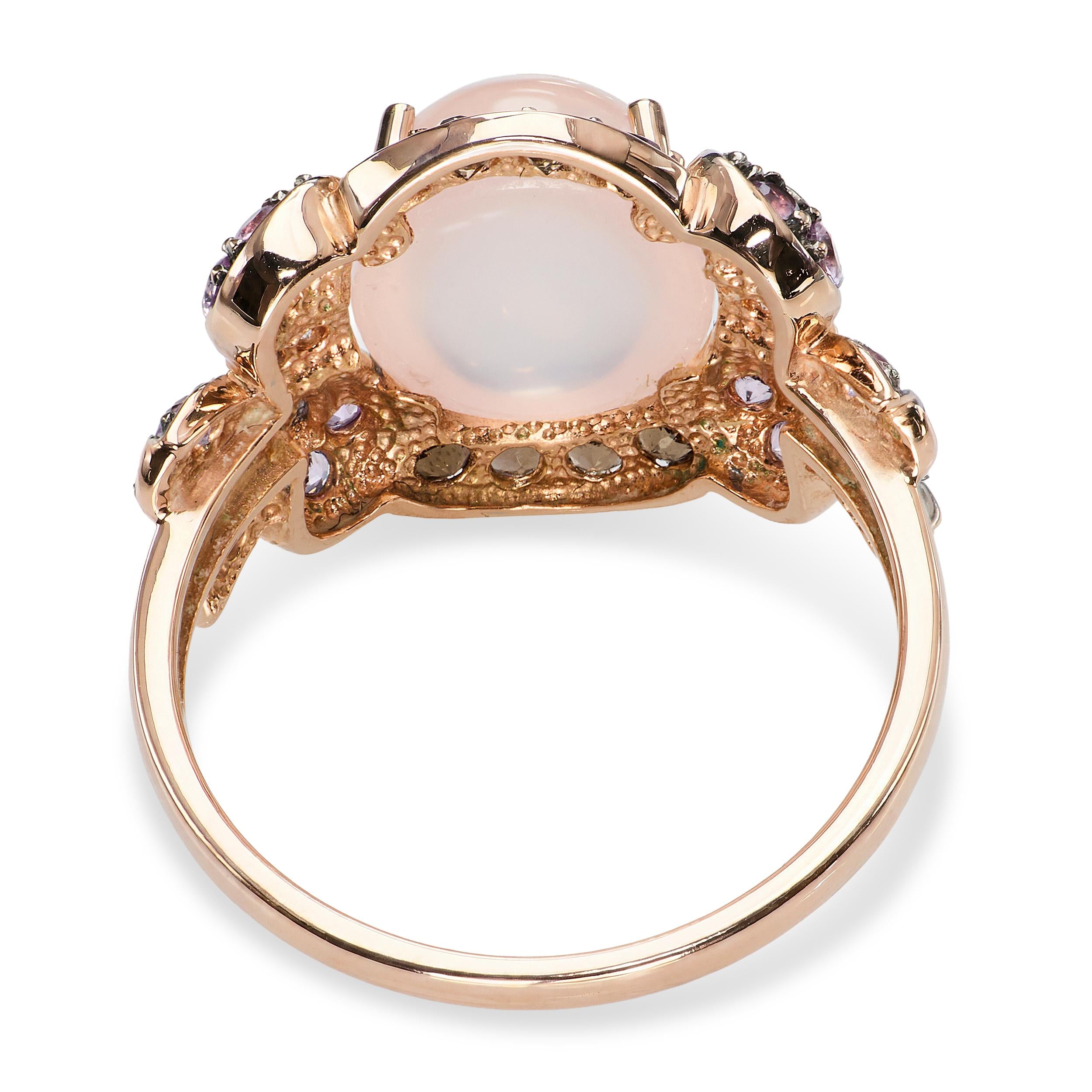 14k Rose Gold Pink Sapphire, Smoky Quartz, Diamond, and Rose Quartz Bow Ring