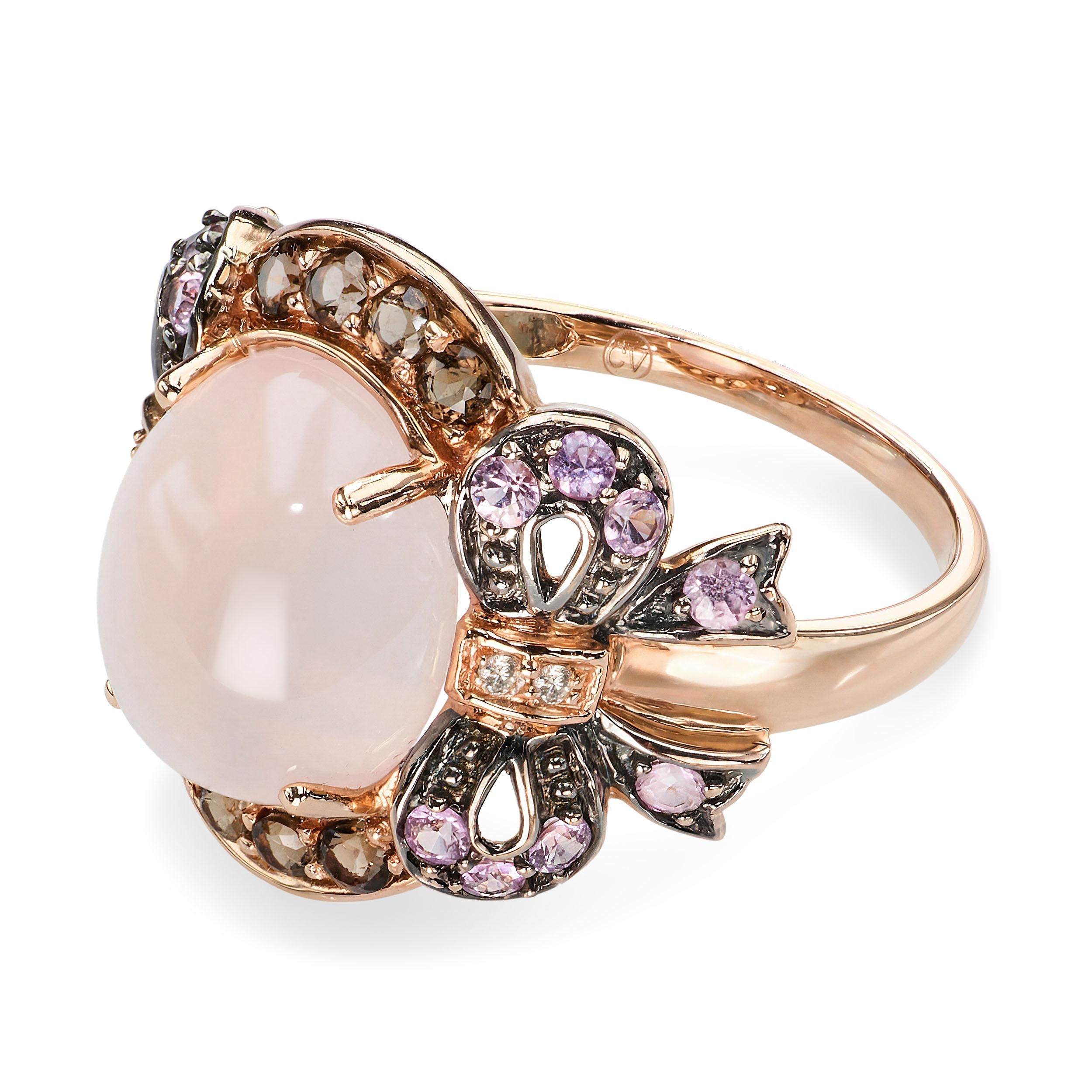 14k Rose Gold Pink Sapphire, Smoky Quartz, Diamond, and Rose Quartz Bow Ring