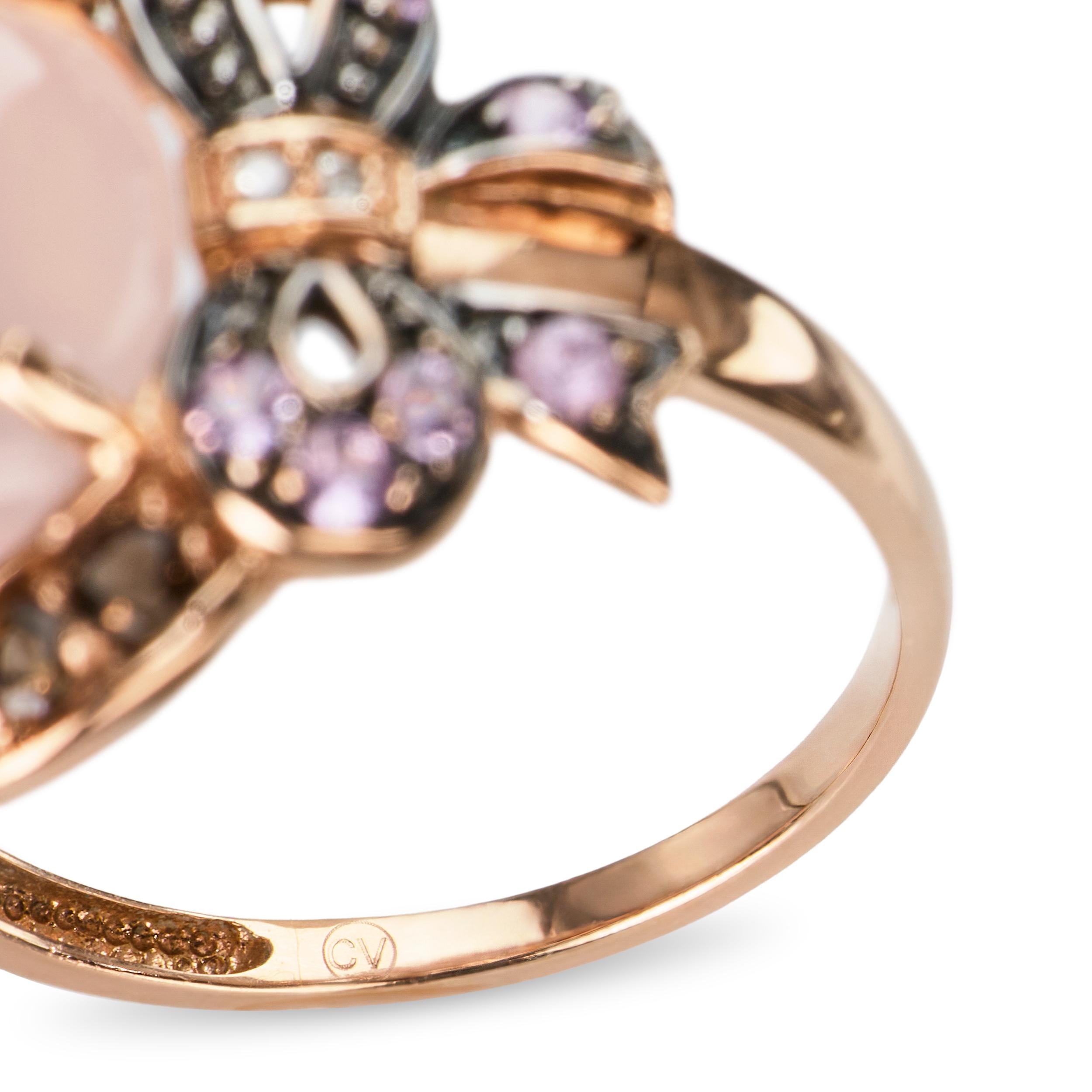 14k Rose Gold Pink Sapphire, Smoky Quartz, Diamond, and Rose Quartz Bow Ring