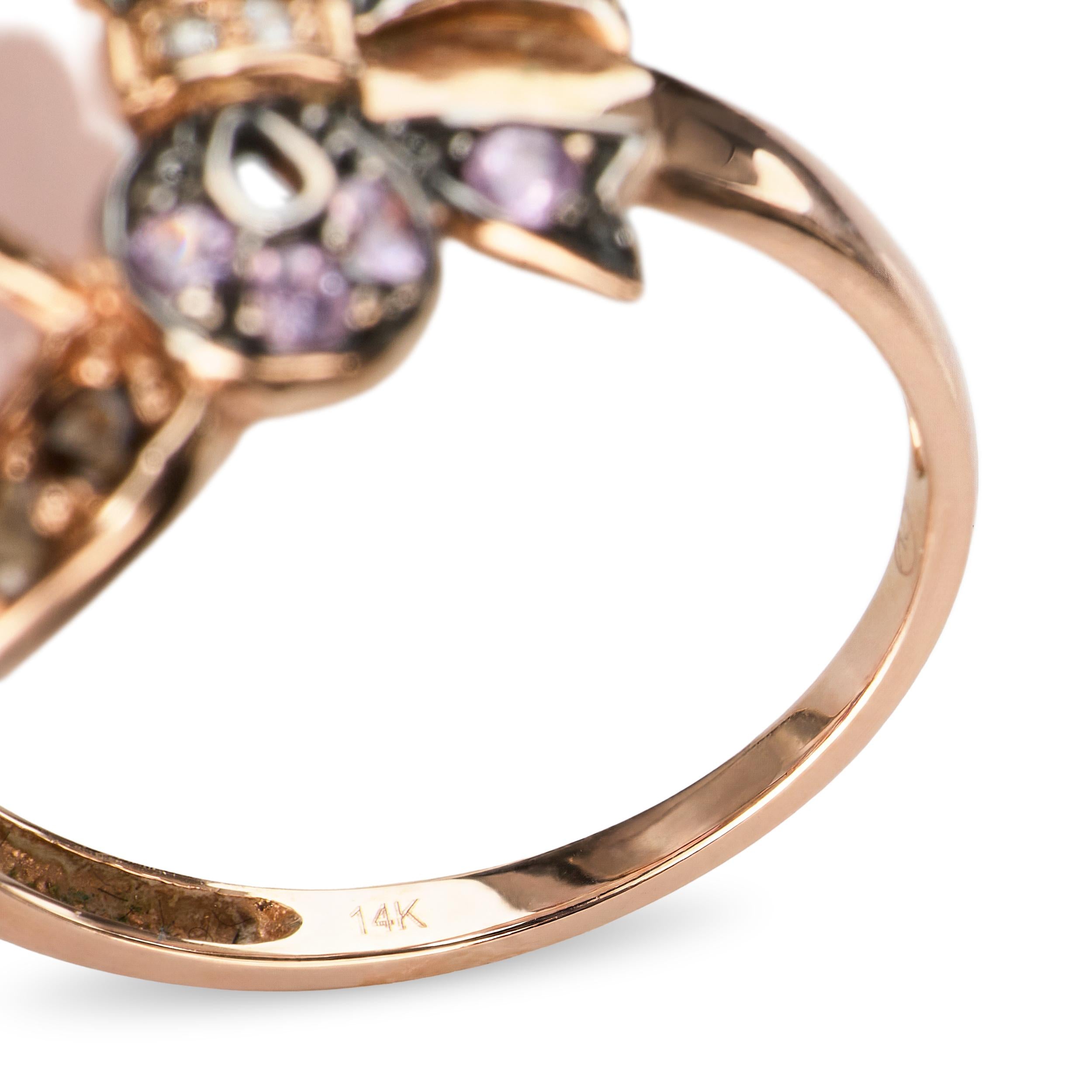 14k Rose Gold Pink Sapphire, Smoky Quartz, Diamond, and Rose Quartz Bow Ring