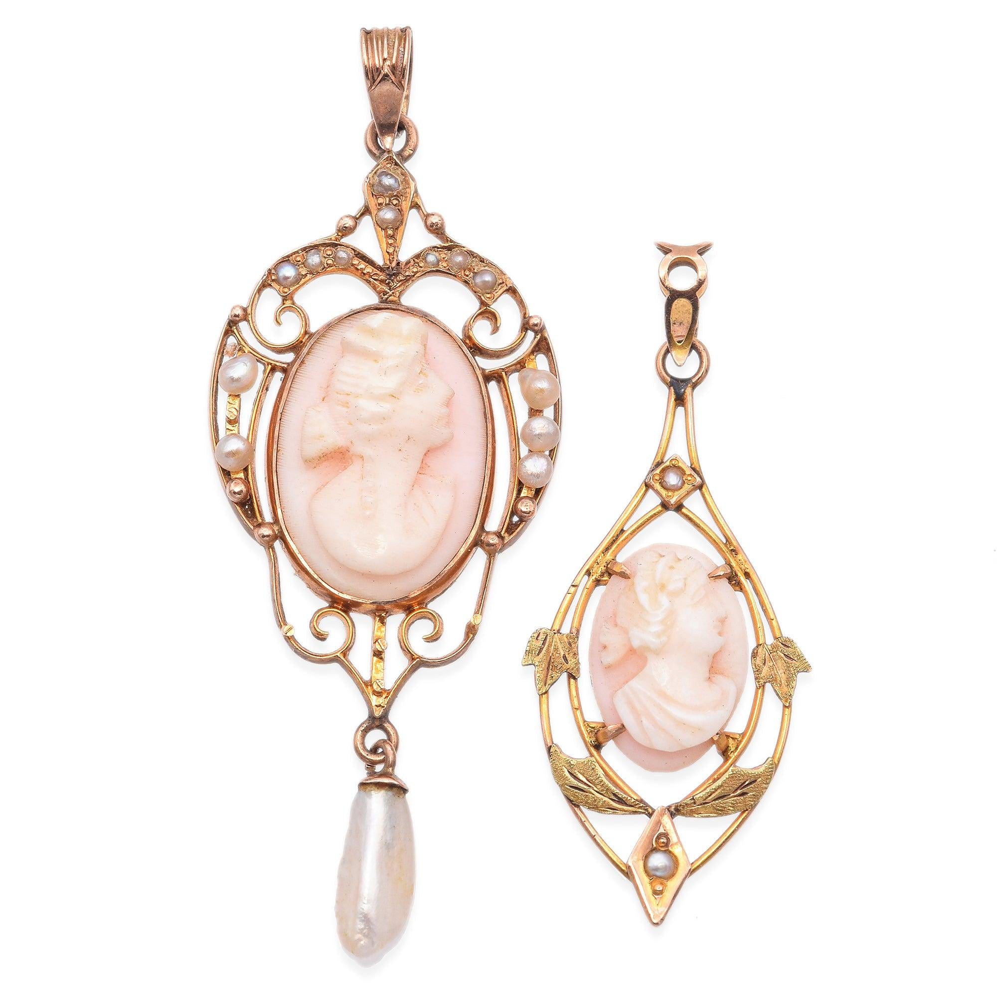 Lot of 2 Antique Victorian 10K Gold Coral & Seed Pearl Lavalier Cameo Pendants