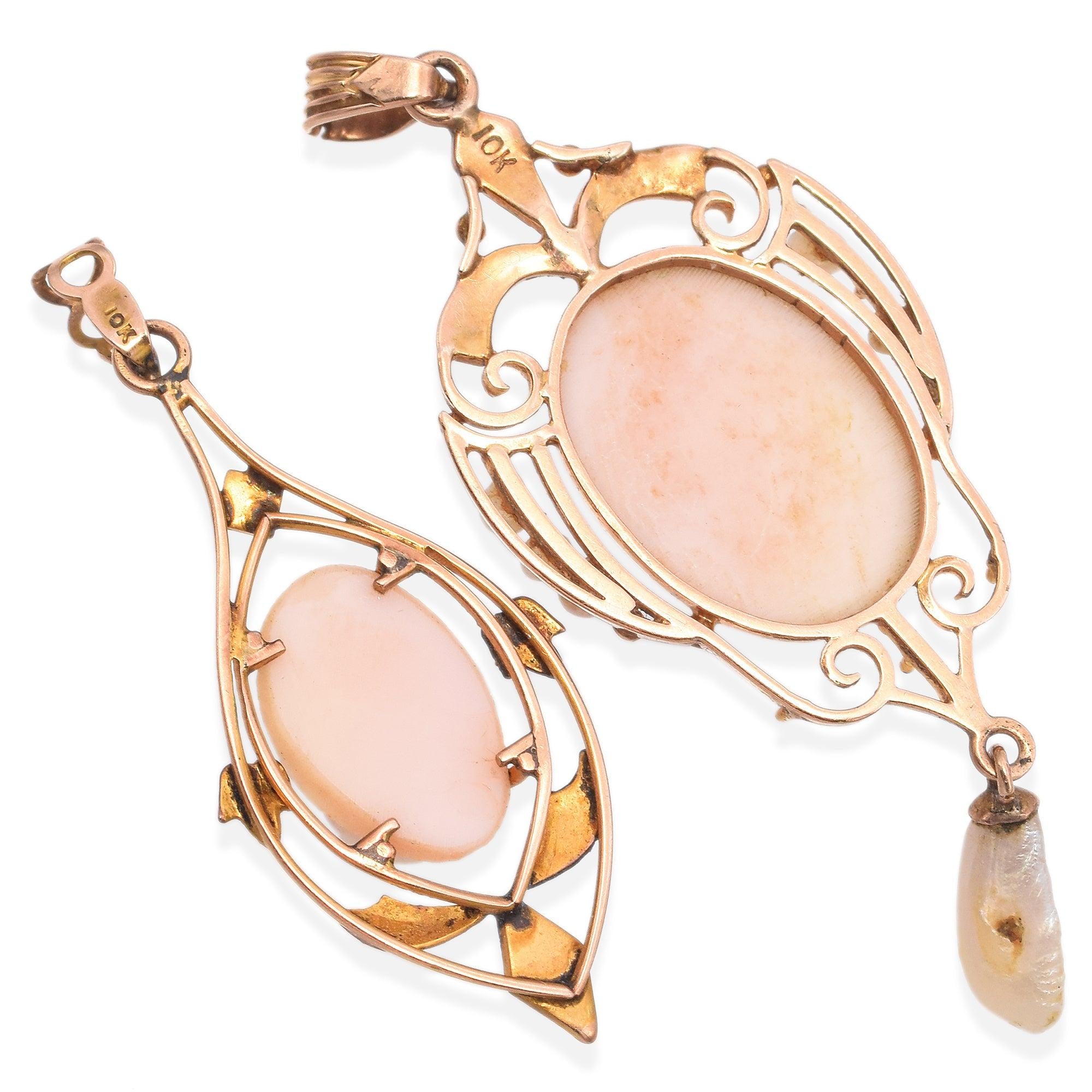 Lot of 2 Antique Victorian 10K Gold Coral & Seed Pearl Lavalier Cameo Pendants