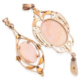 Lot of 2 Antique Victorian 10K Gold Coral & Seed Pearl Lavalier Cameo Pendants