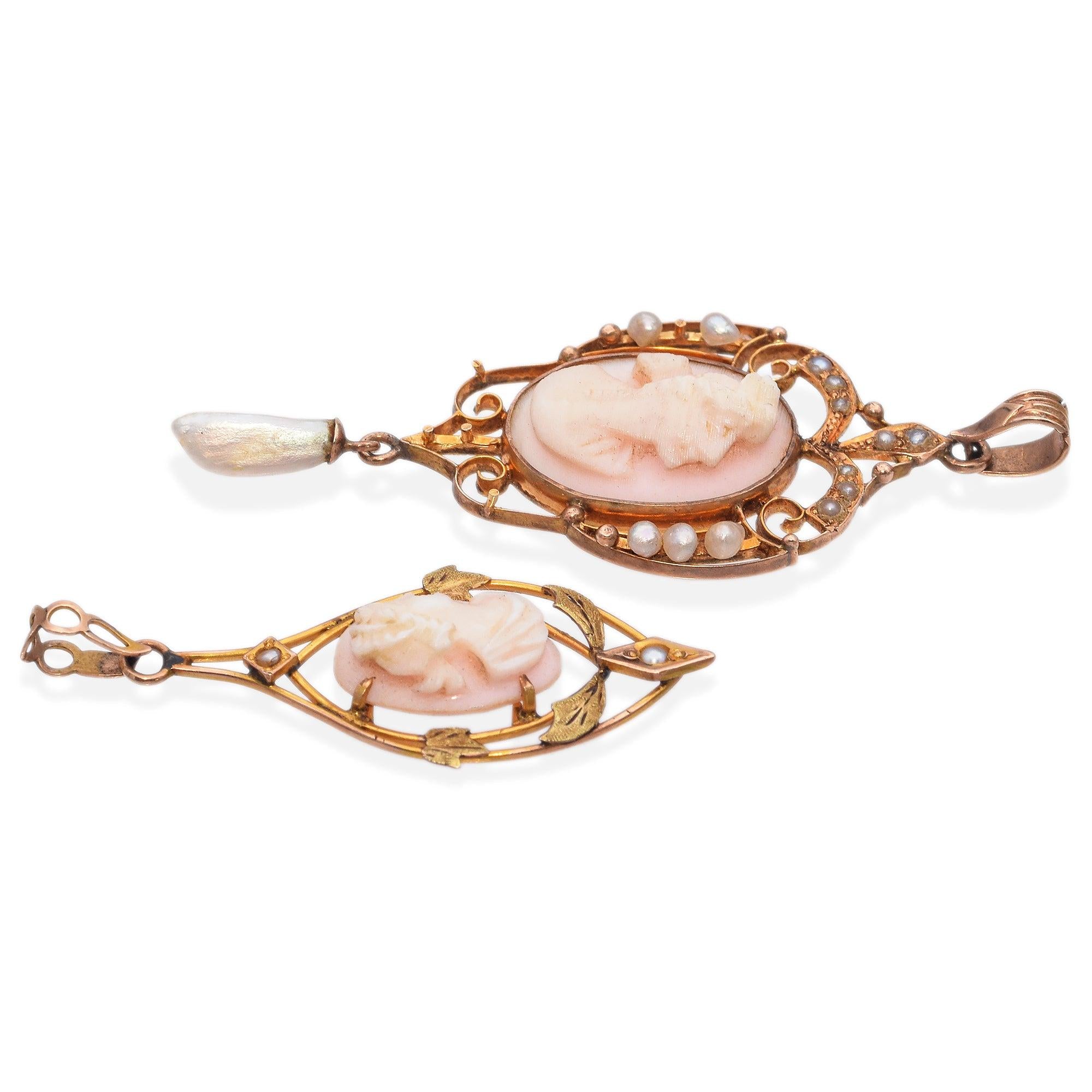 Lot of 2 Antique Victorian 10K Gold Coral & Seed Pearl Lavalier Cameo Pendants