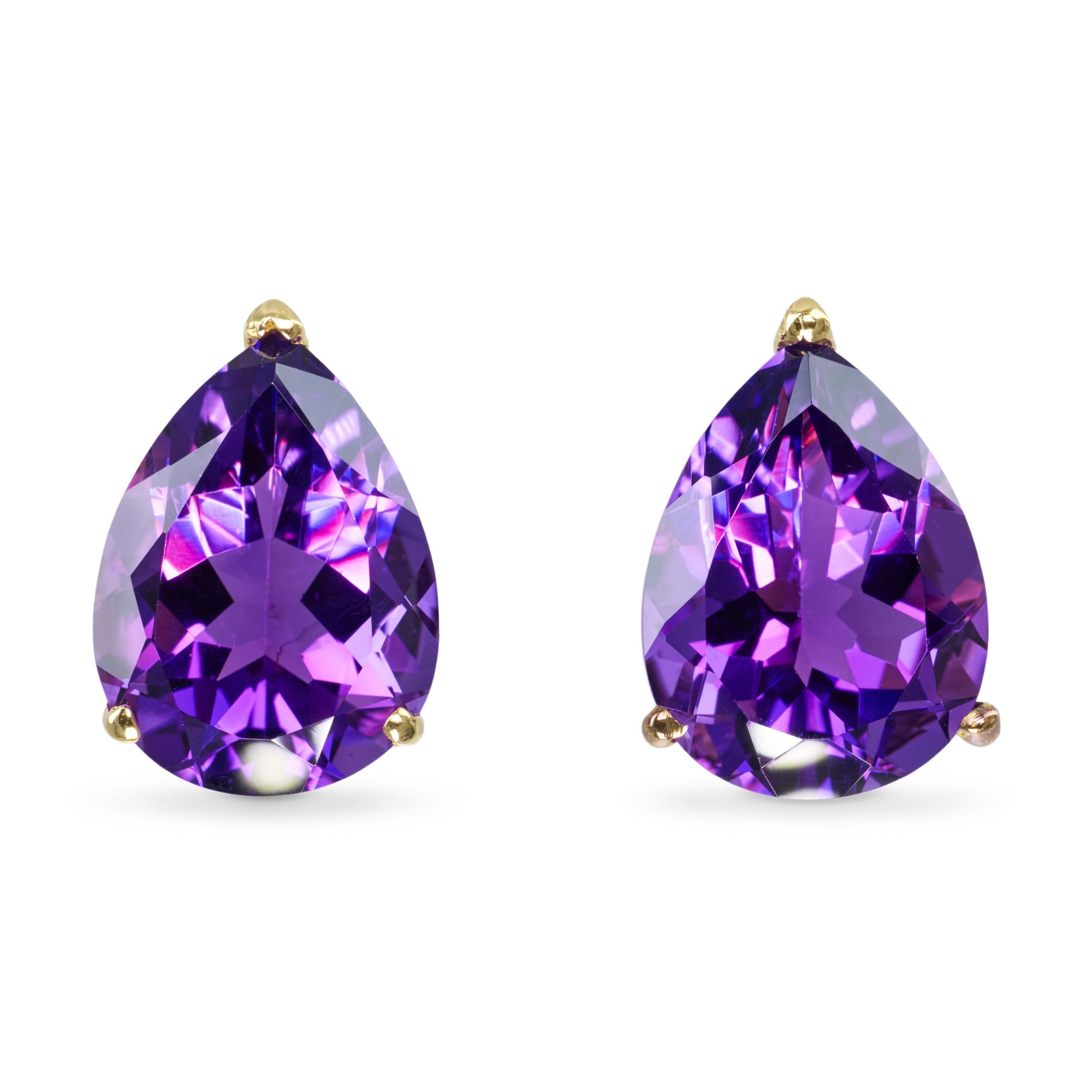 Vintage 14k Yellow Gold Pear Shaped 12.04ctw Amethyst Stud Earrings