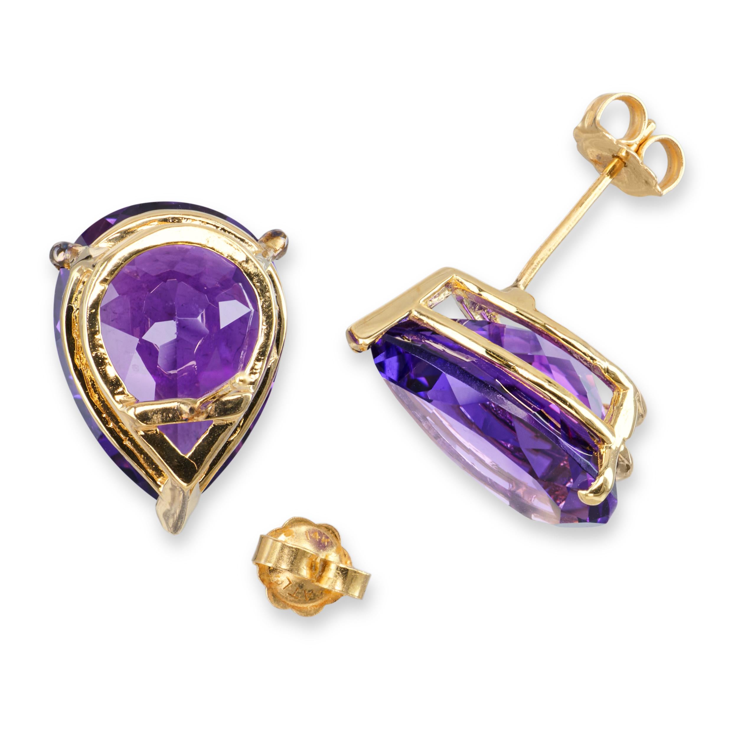 Vintage 14k Yellow Gold Pear Shaped 12.04ctw Amethyst Stud Earrings