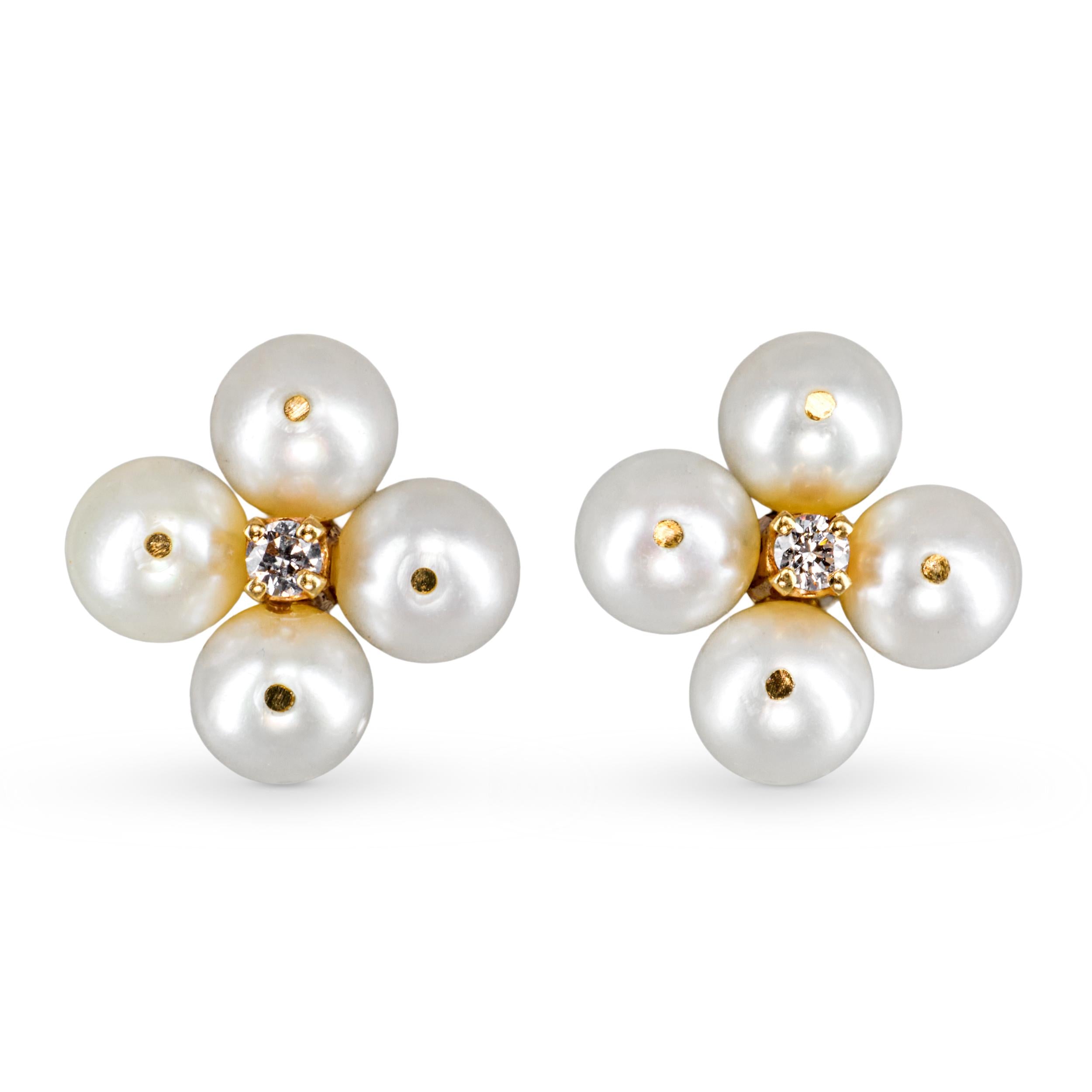 Vintage 14k Yellow Gold Pearl & Diamond Quatrefoil Cluster Stud Earrings