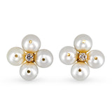 Vintage 14k Yellow Gold Pearl & Diamond Quatrefoil Cluster Stud Earrings