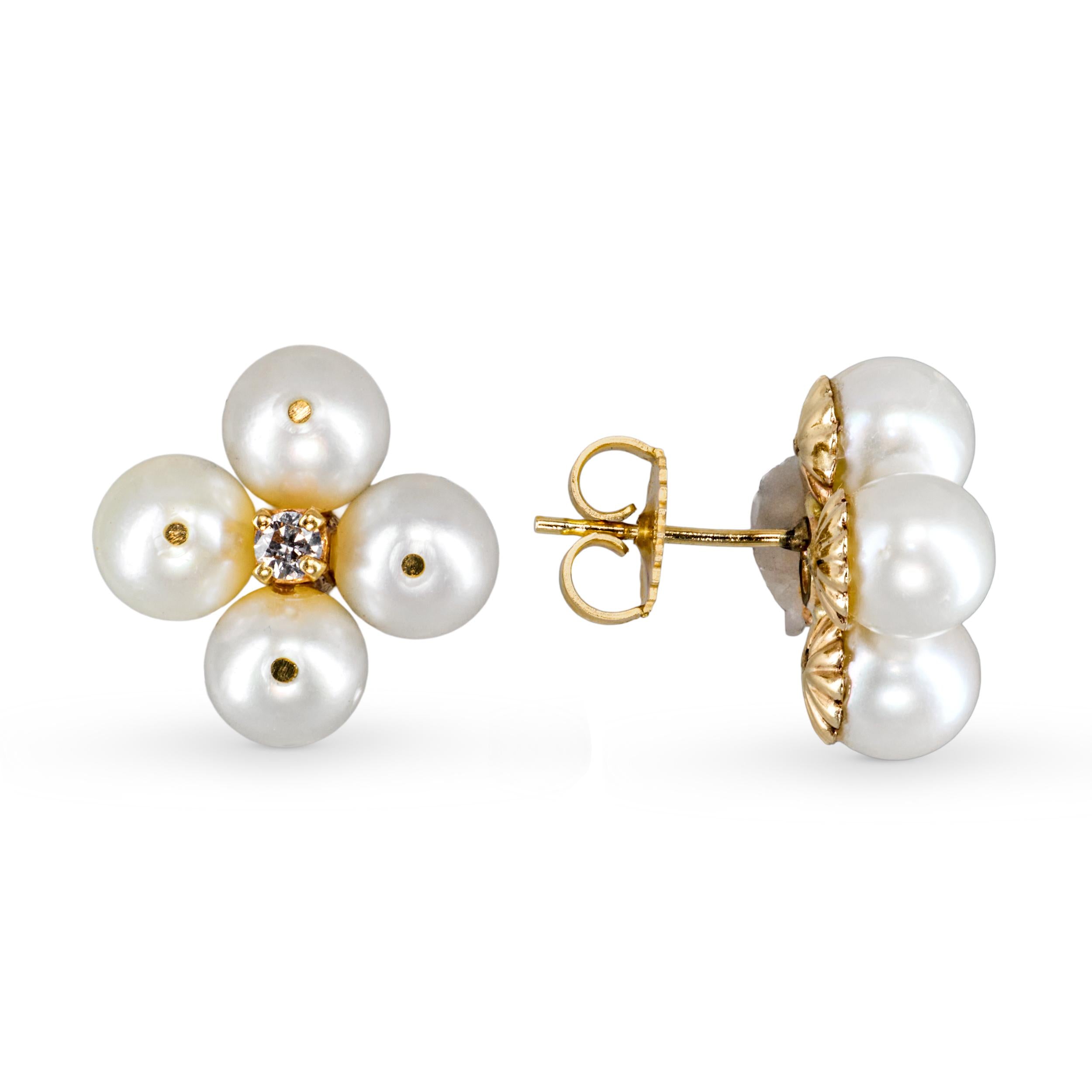 Vintage 14k Yellow Gold Pearl & Diamond Quatrefoil Cluster Stud Earrings