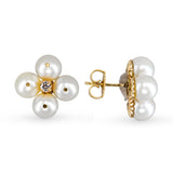 Vintage 14k Yellow Gold Pearl & Diamond Quatrefoil Cluster Stud Earrings