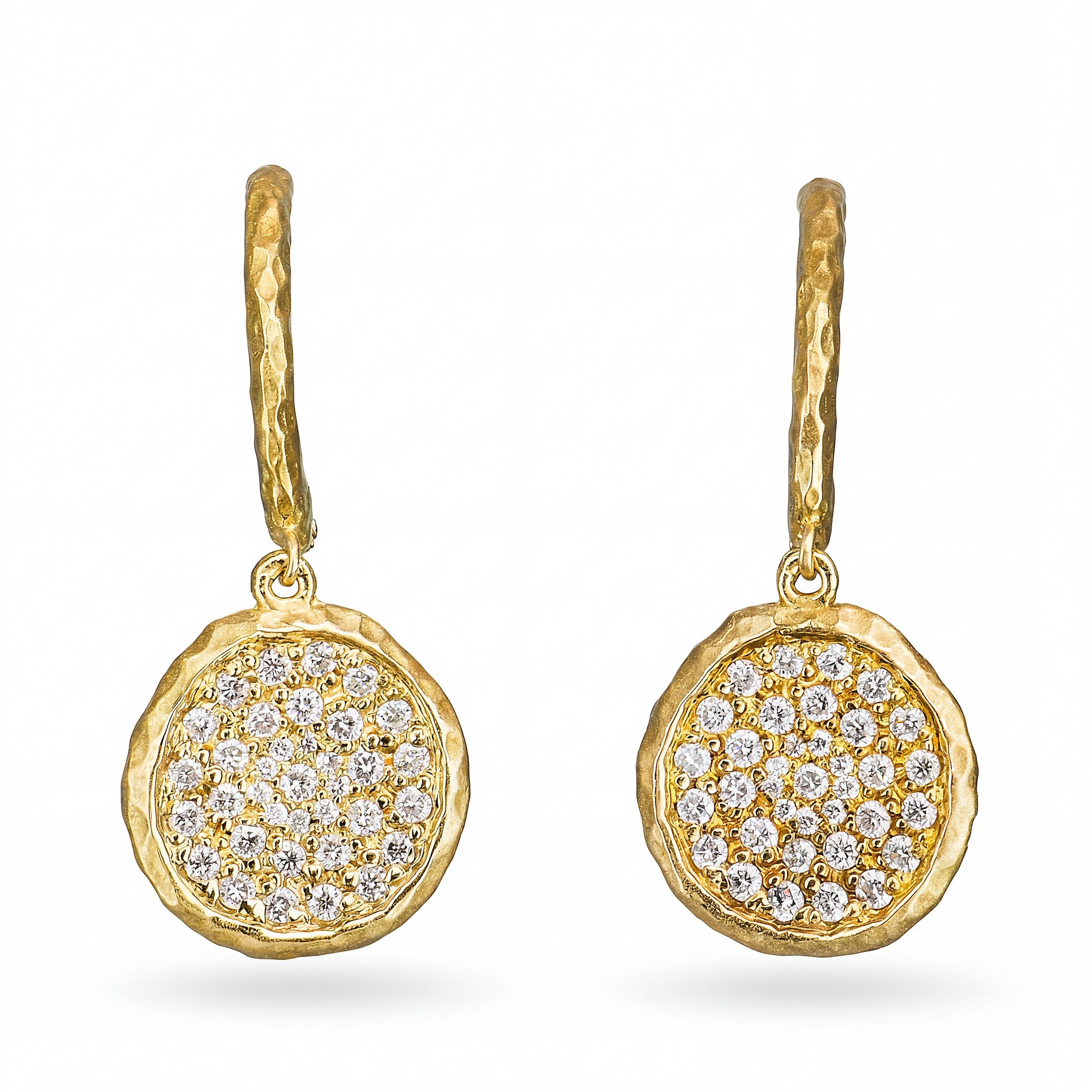 14k Hammered Yellow Gold Diamond Disc Drop Earrings