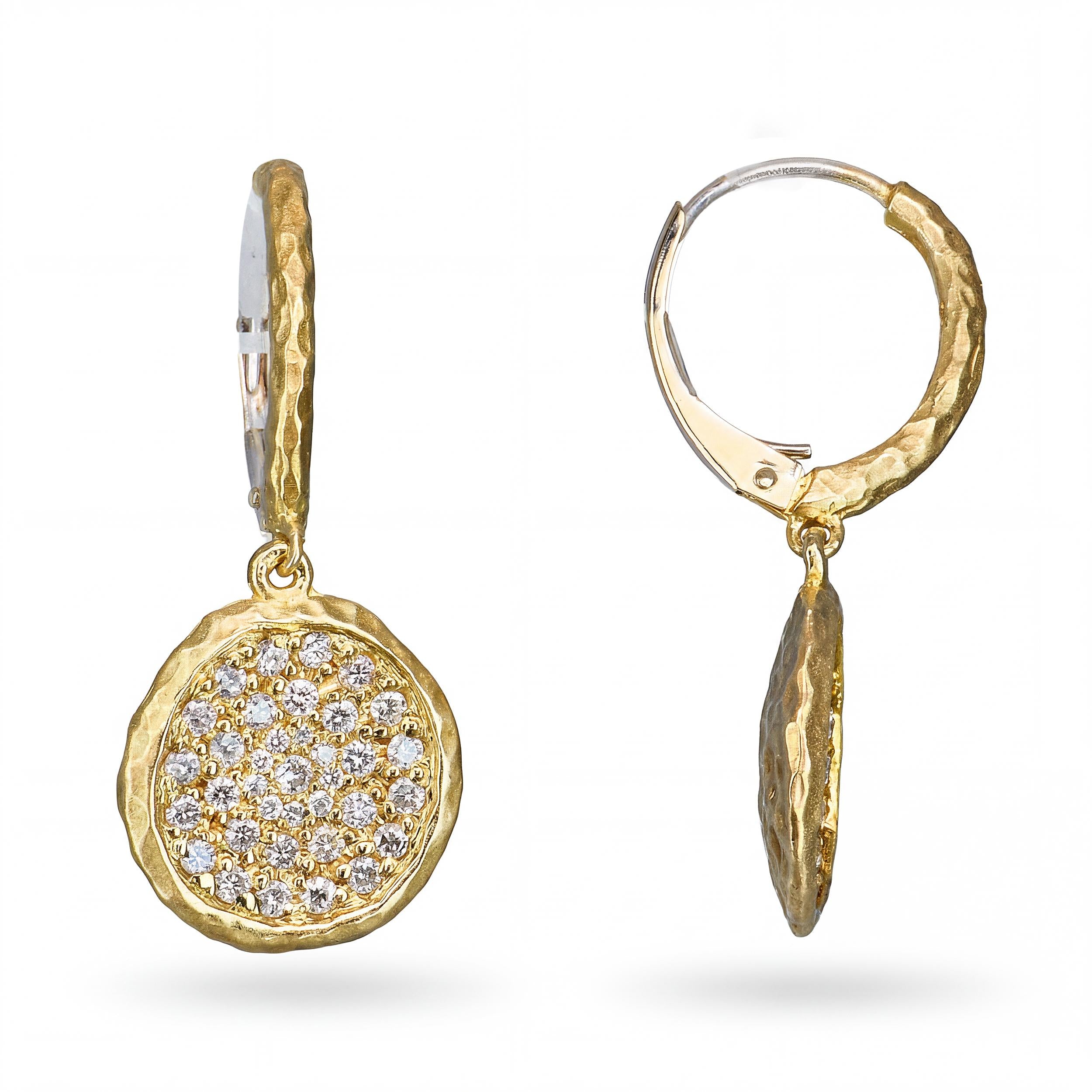 14k Hammered Yellow Gold Diamond Disc Drop Earrings