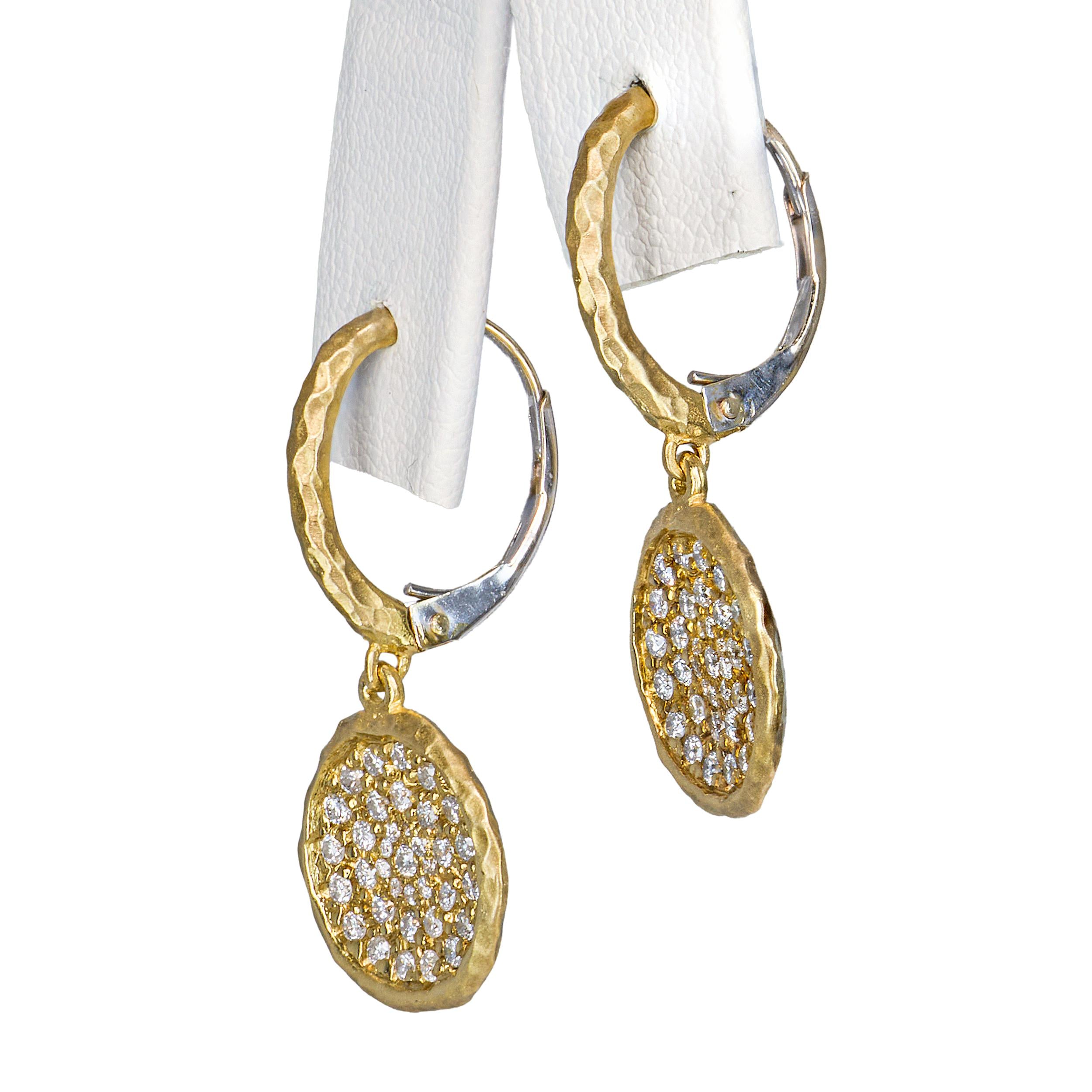 14k Hammered Yellow Gold Diamond Disc Drop Earrings