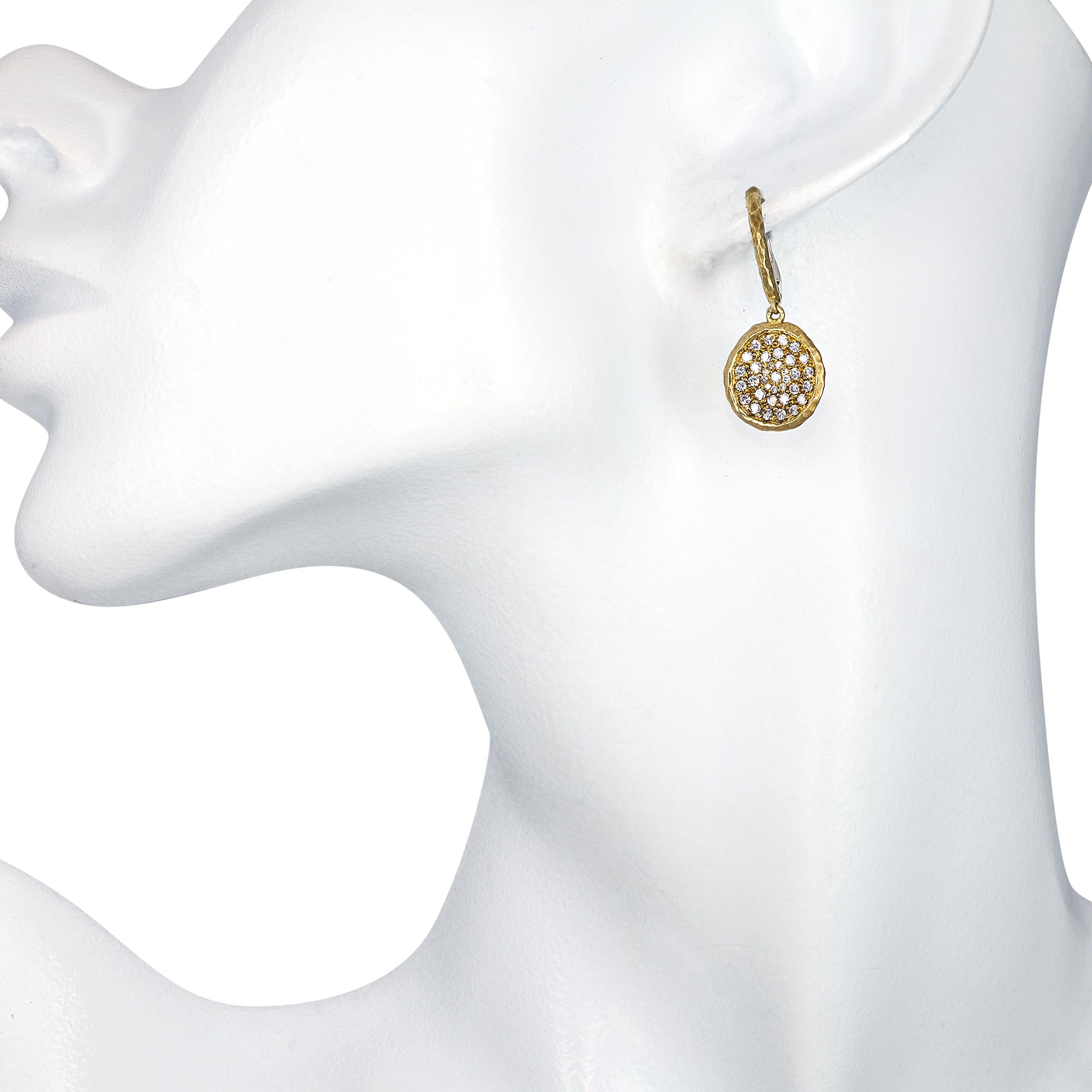 14k Hammered Yellow Gold Diamond Disc Drop Earrings