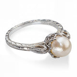 Vintage 18k White Gold Pearl Ornate Scrollwork Ring