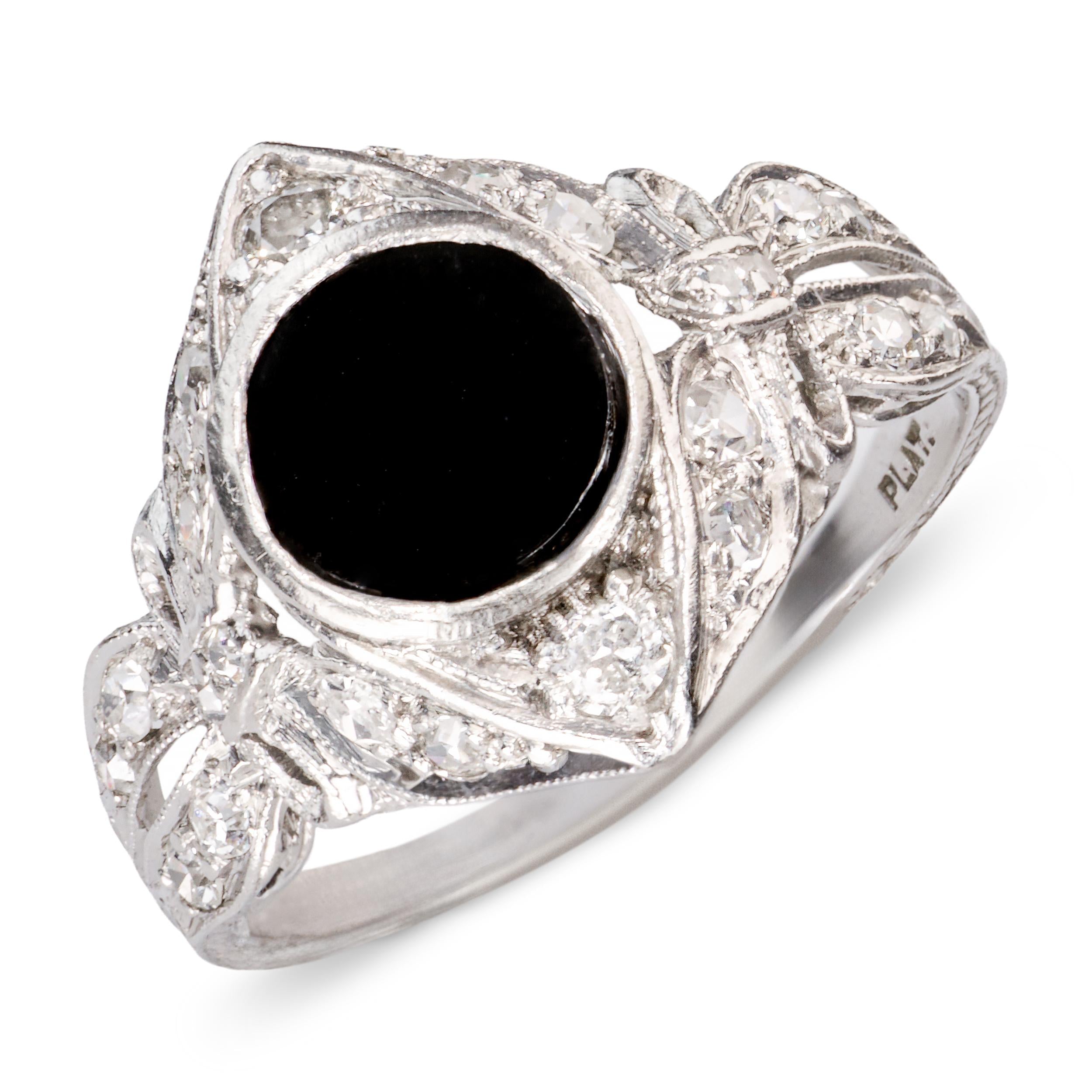 Vintage Platinum Diamond and Onyx Openwork Ring