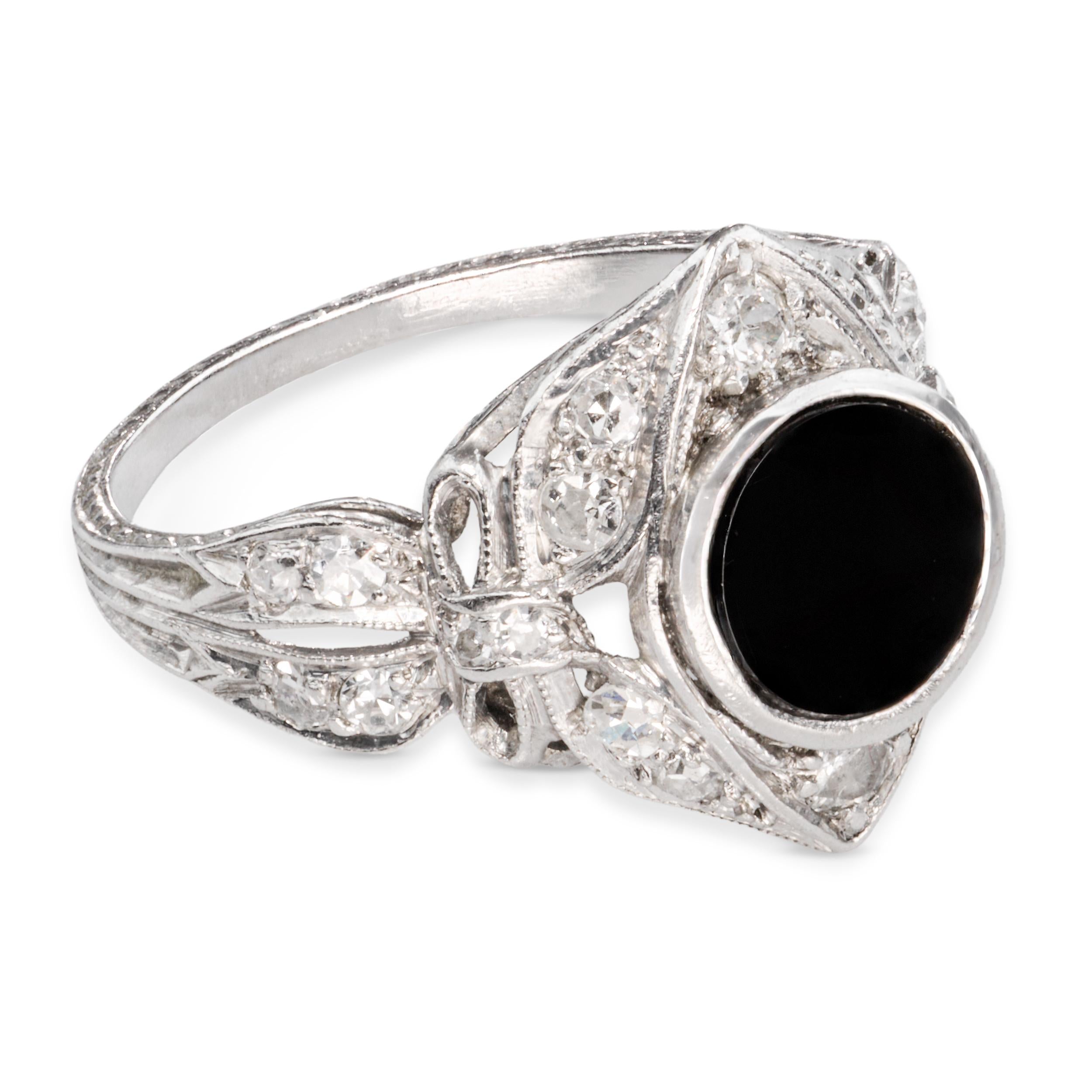 Vintage Platinum Diamond and Onyx Openwork Ring
