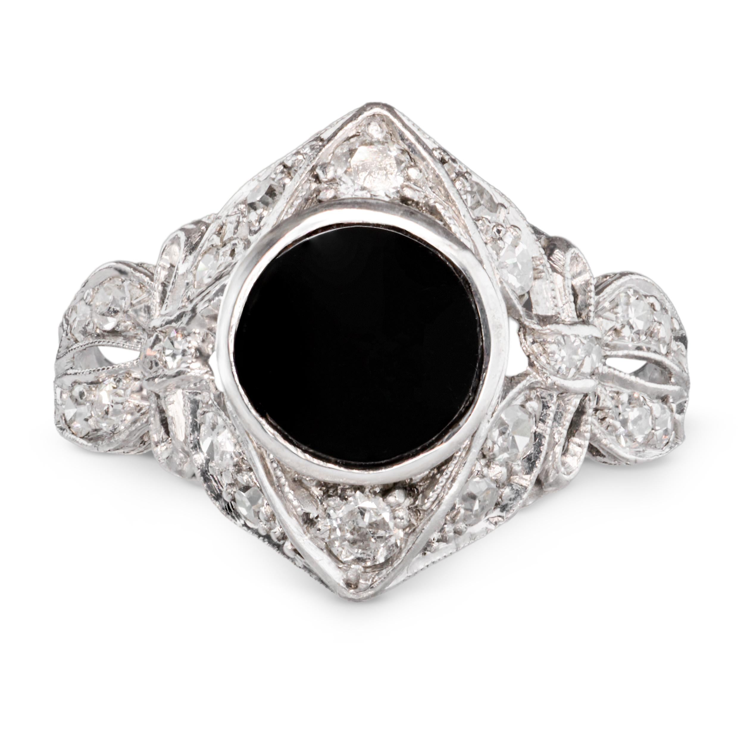 Vintage Platinum Diamond and Onyx Openwork Ring